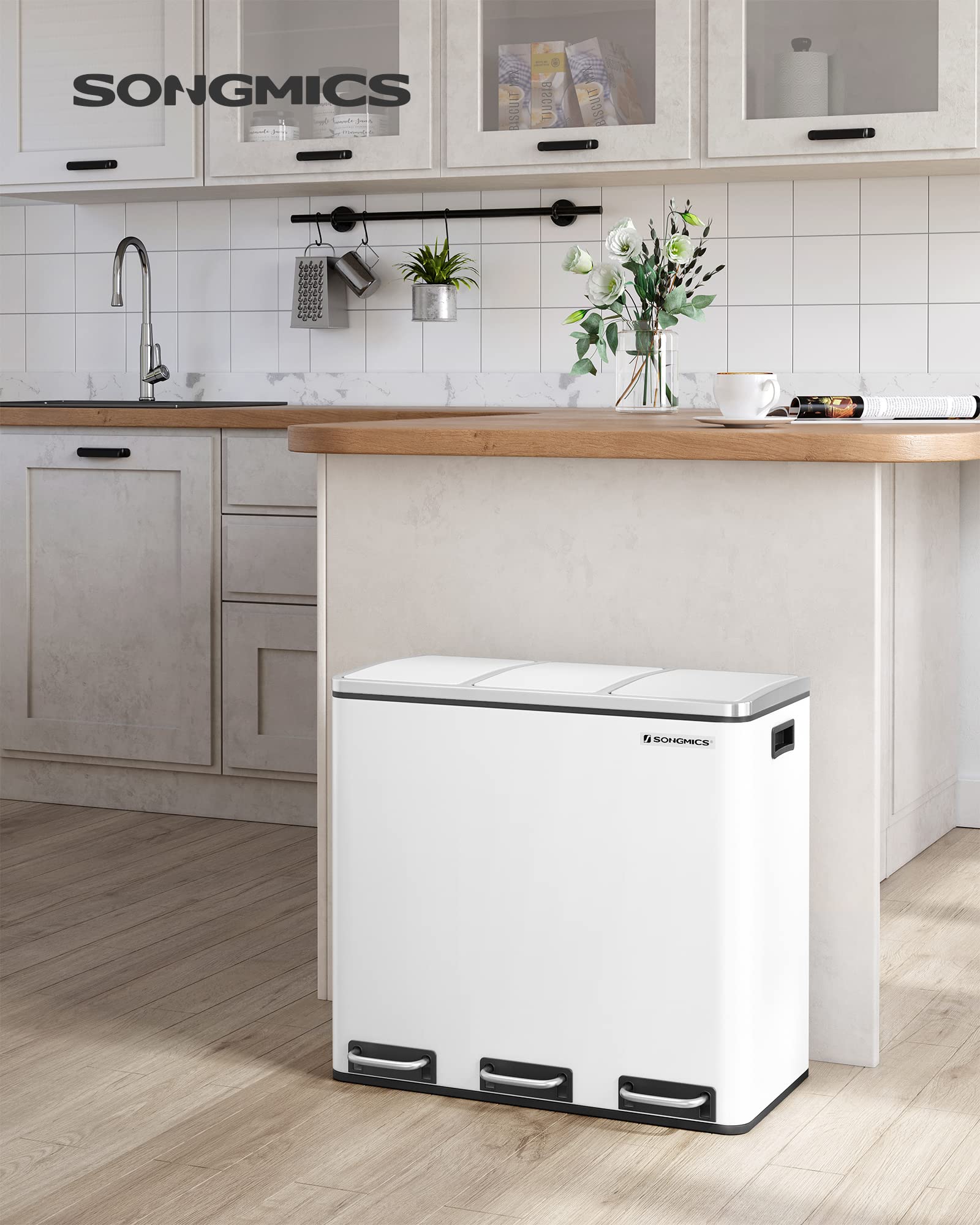 SONGMICS Kitchen Waste Separation System - 3 x 18L Compartments, Soft-Close Lids, Steel, Cloud White 2