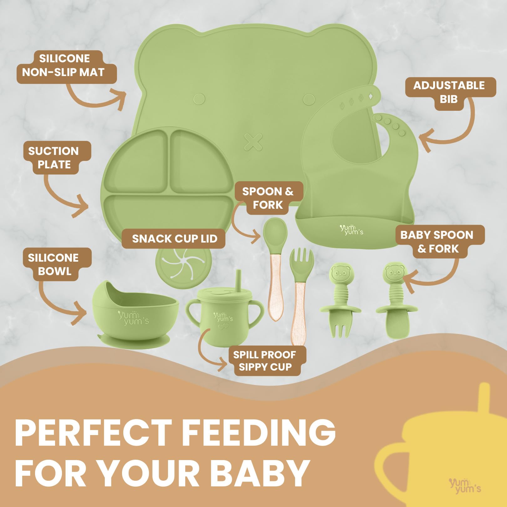 Yum Yum's Baby Weaning Set - 10 Pieces, Silicone, Mint Green | Promotes Self-Feeding 6