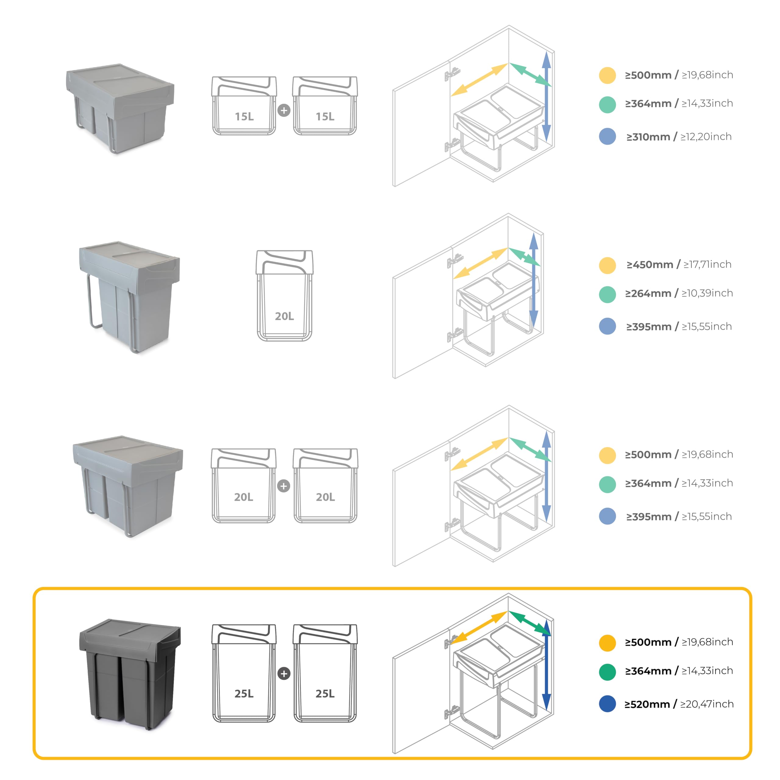 Emuca Kitchen Recycling Bin - Bottom Fixing, Manual Pull-Out | 2x25L Capacity | Anthracite Grey 7