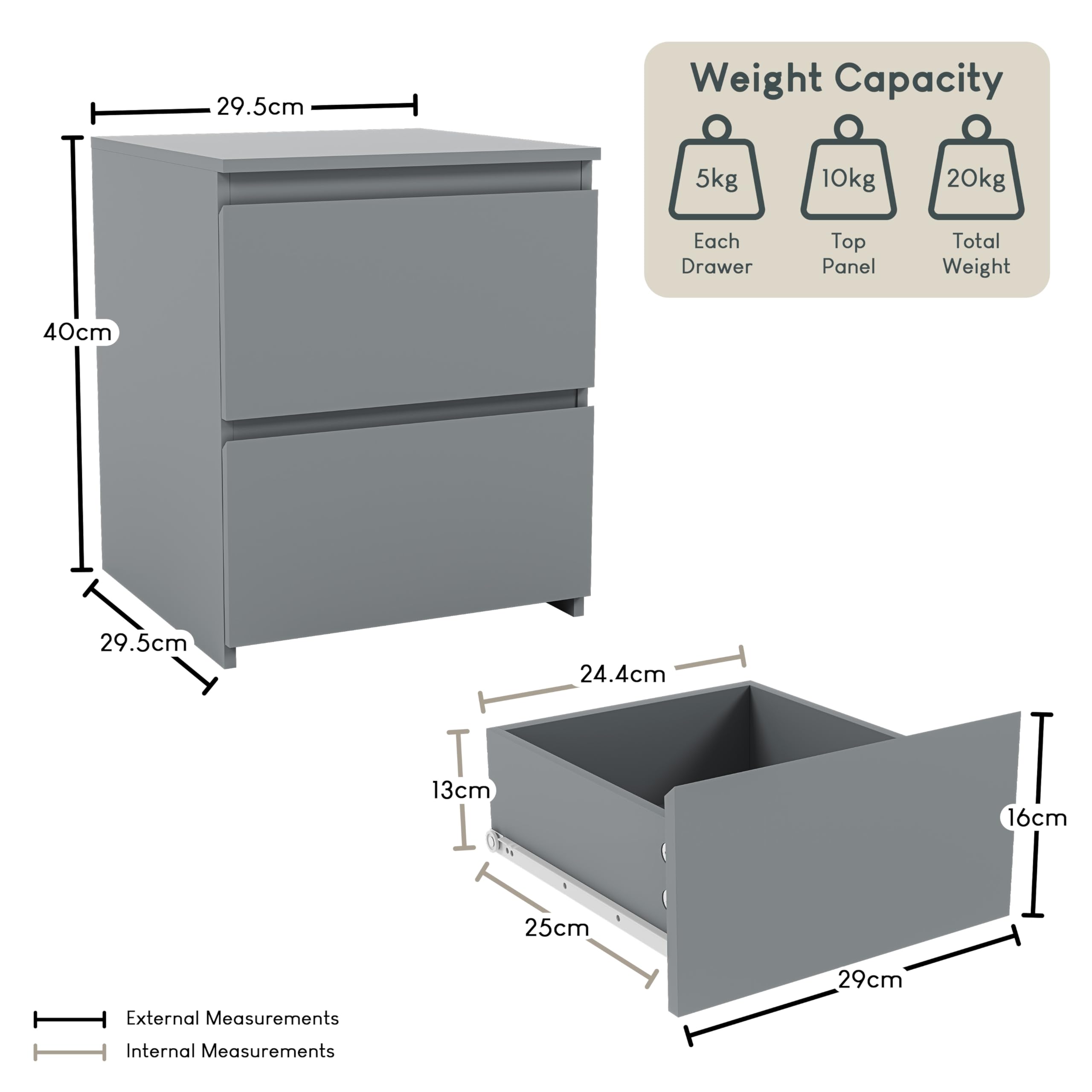 Vida Designs Denver 2 Drawer Bedside Chest - Modern Style | H: 40cm | Grey 2