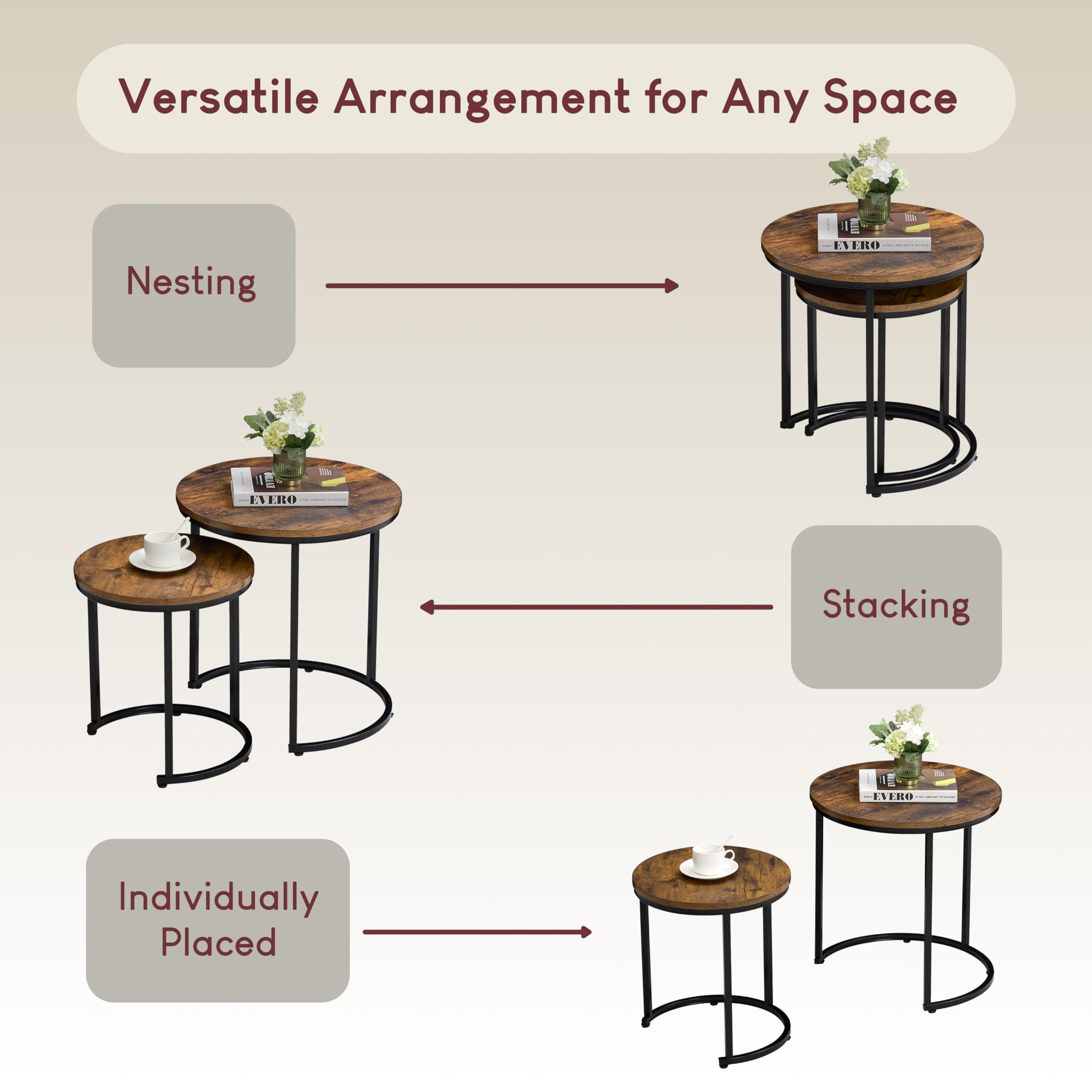 Vida Designs Brooklyn Nest of 2 Round Tables - Industrial Style | Dark Wood | Space Saving 5