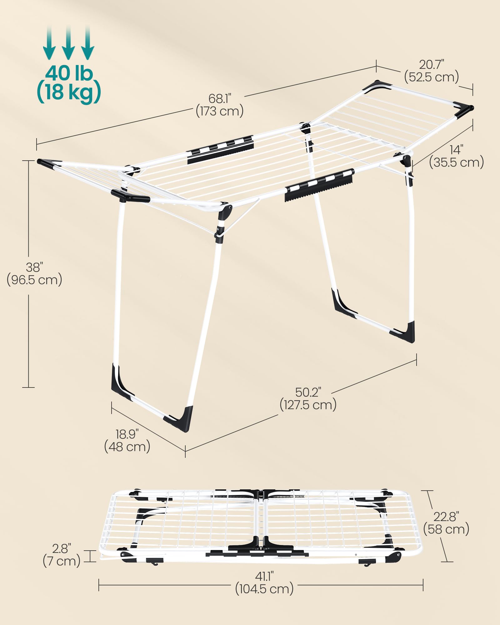 SONGMICS Clothes Drying Rack - 18m Drying Space | 18kg Capacity | Foldable Metal Airer 6