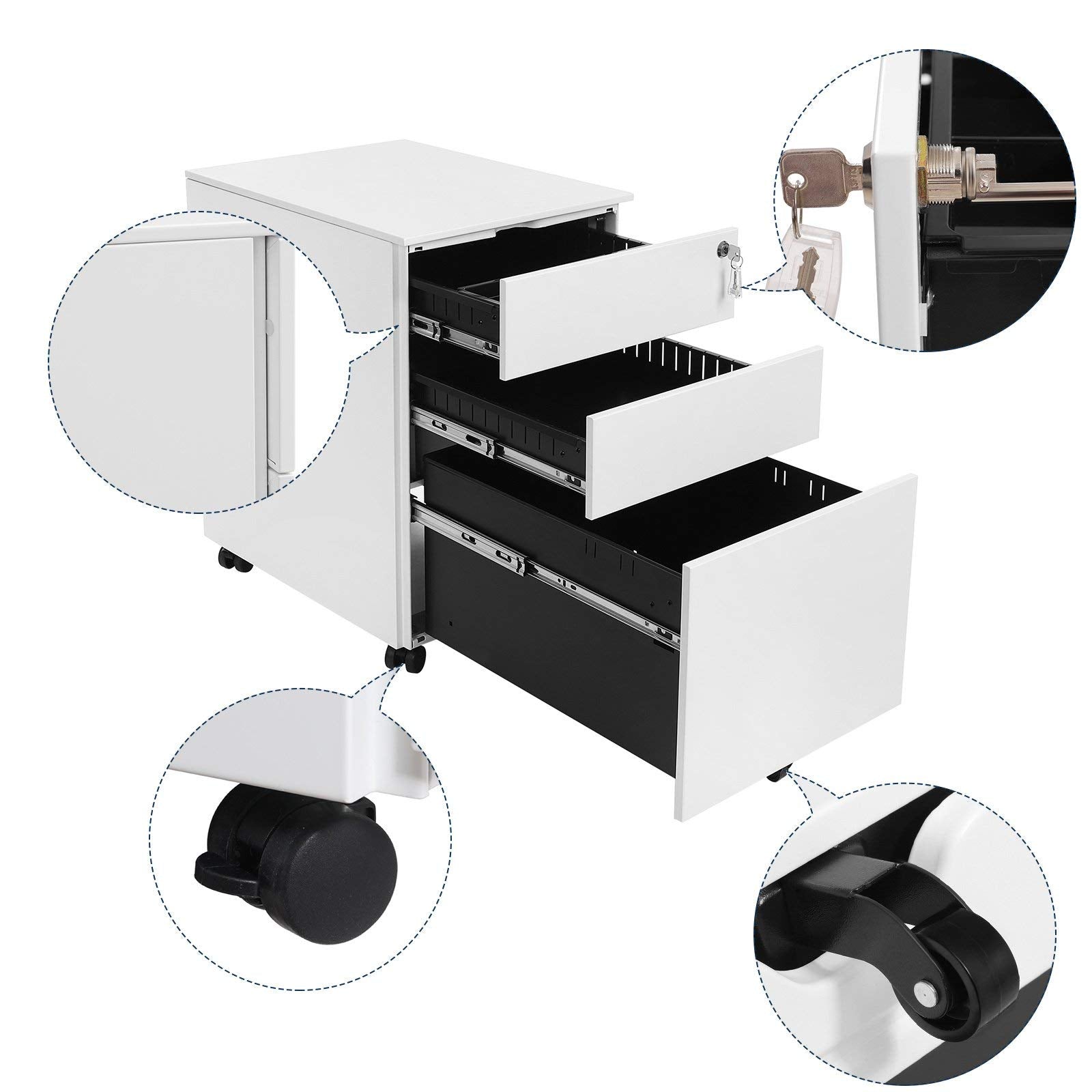SONGMICS Mobile File Cabinet - 3 Drawers Lockable Steel Pedestal | White | 39x52x60cm 8