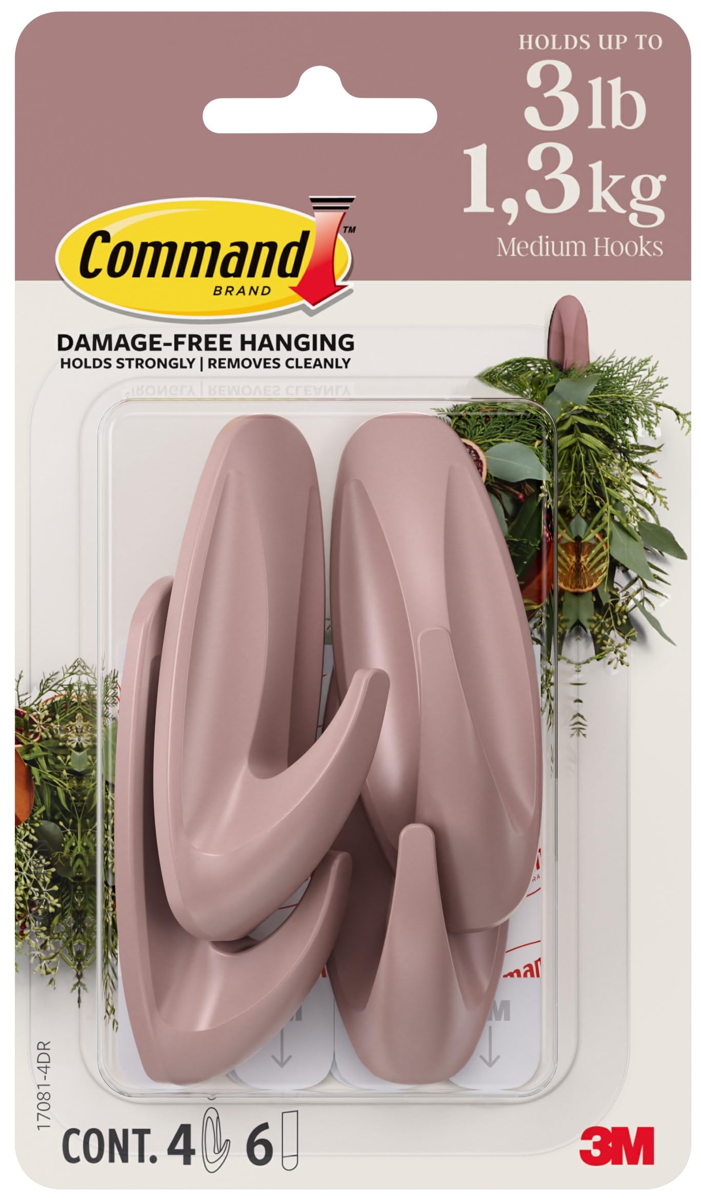 Command Medium Designer Hooks - Damage-Free Hanging | Dusty Rose | 4 Hooks, 6 Strips 1