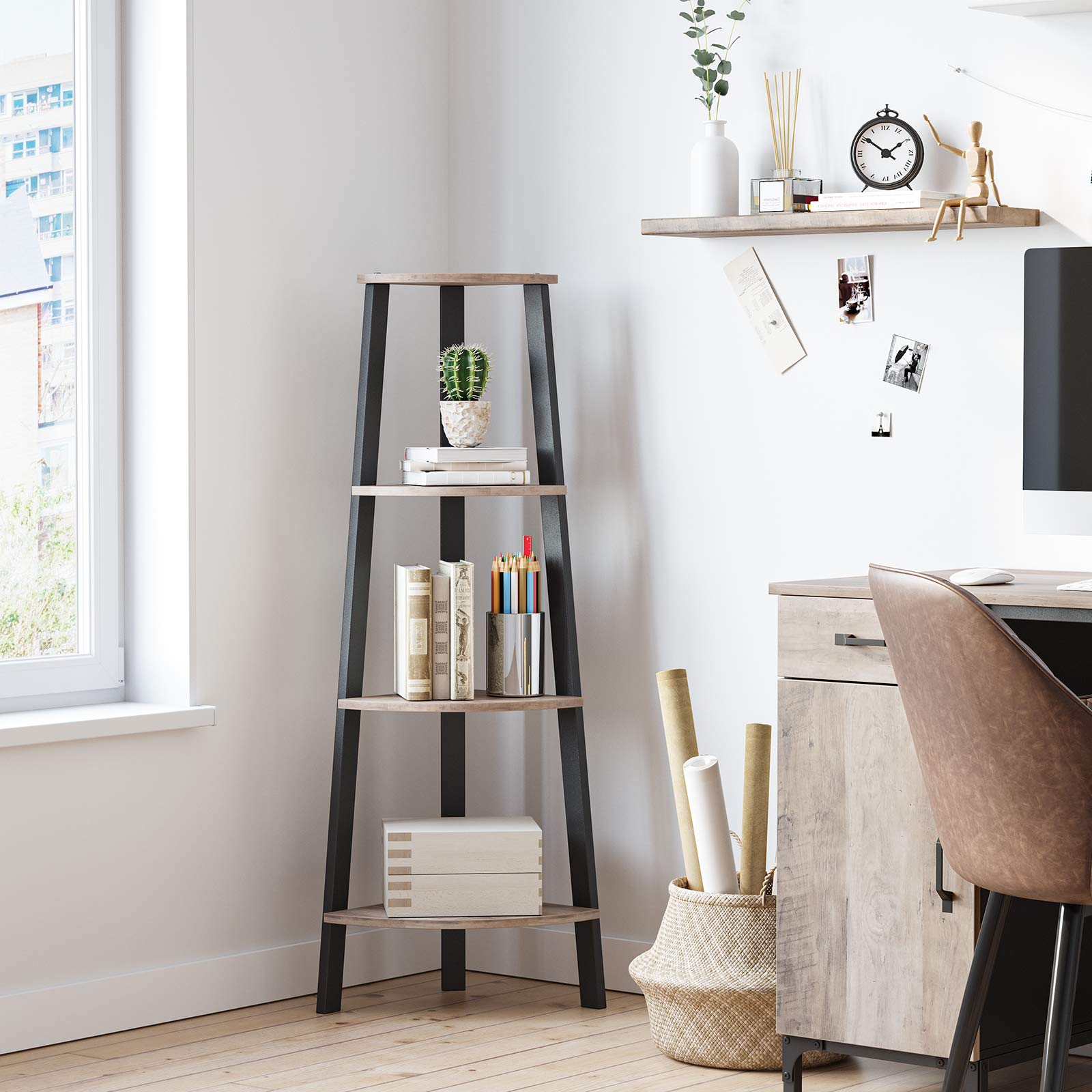 VASAGLE 4-Tier Corner Shelf Unit - Industrial Design | Greige & Black | 33.4 x 33.4 x 125 cm 4