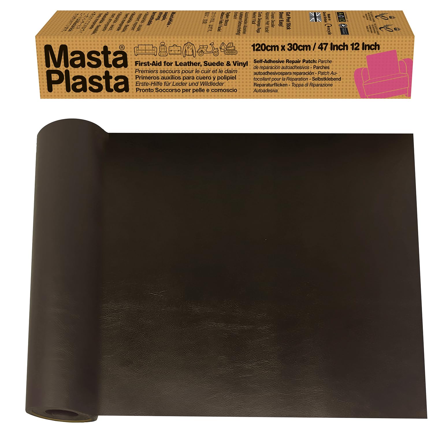 MastaPlasta Self-Adhesive Leather Repair Patch - Dark Brown Leather | 120cm x 30cm XL Strip 1