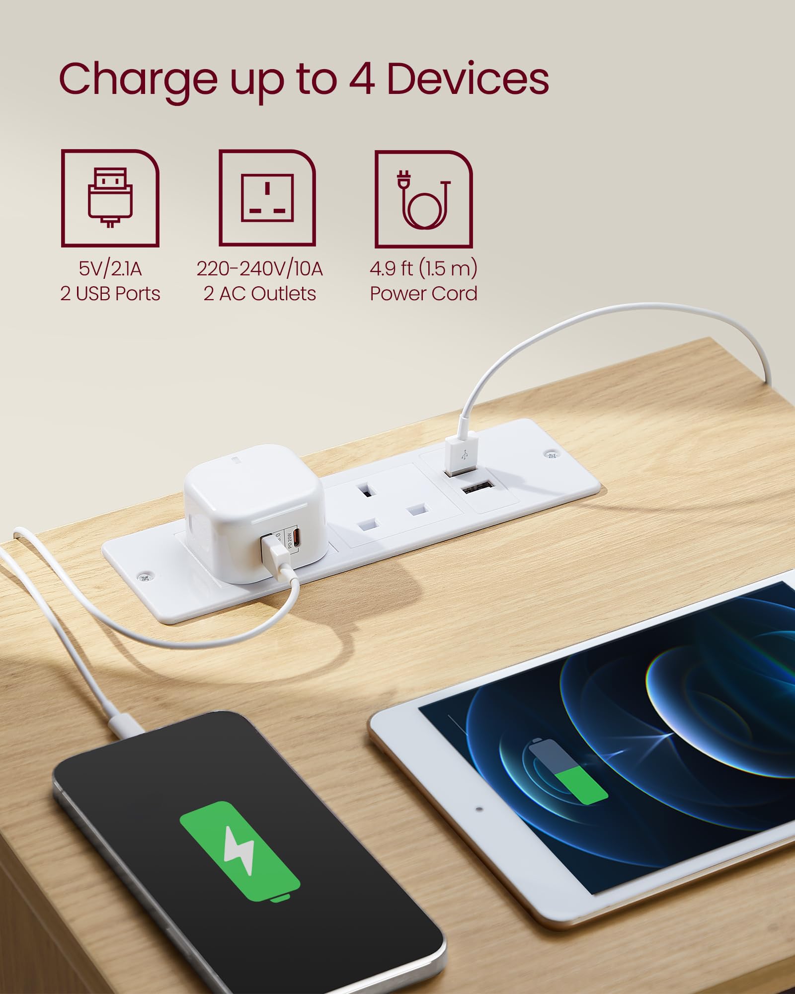 VASAGLE KAILYN Collection Bedside Table with Power Strip | 2 AC Outlets, 2 USB Ports | Straw Yellow 4