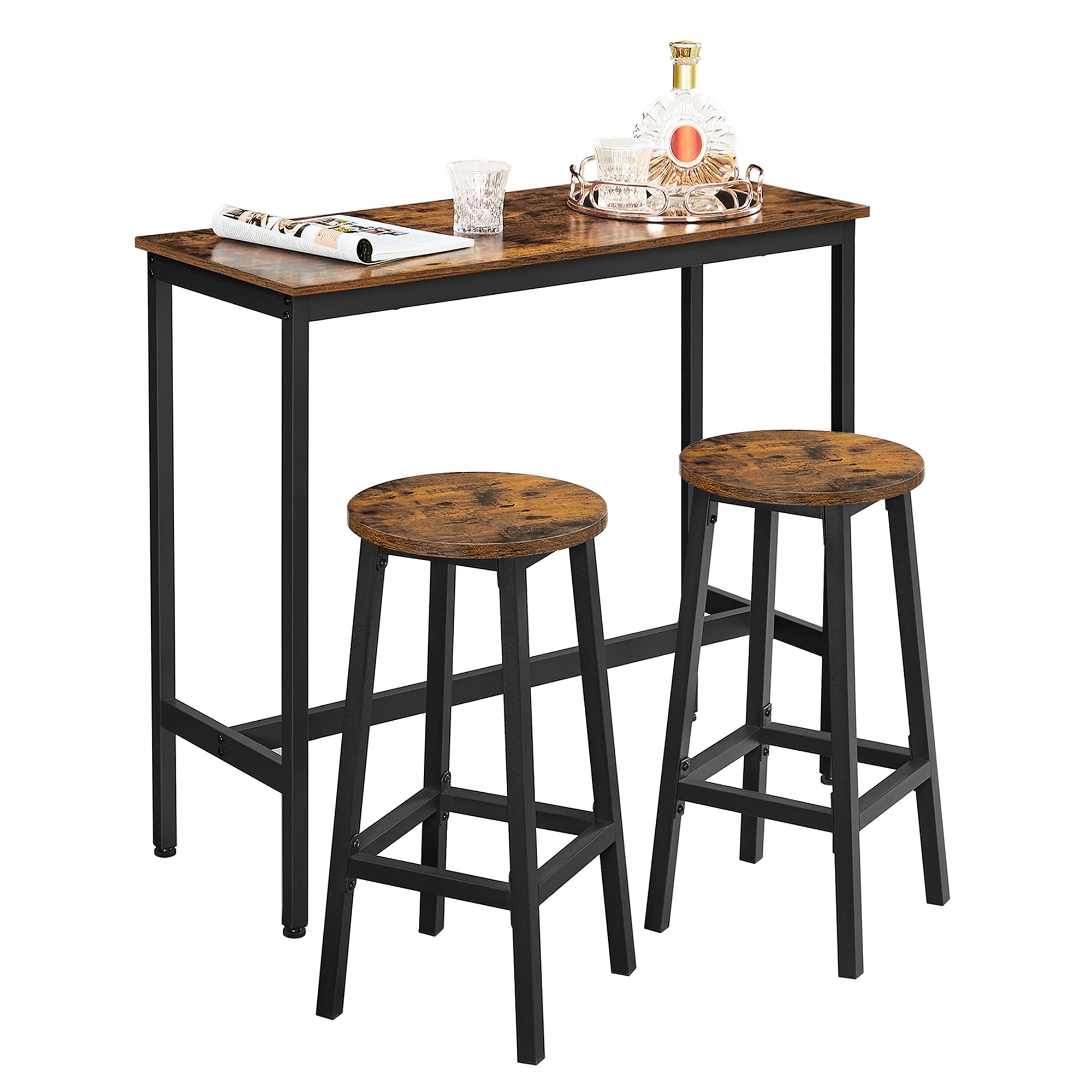 VASAGLE Bar Set with 1 Table and 2 Stools | Rustic Brown & Black | Engineered Wood 1