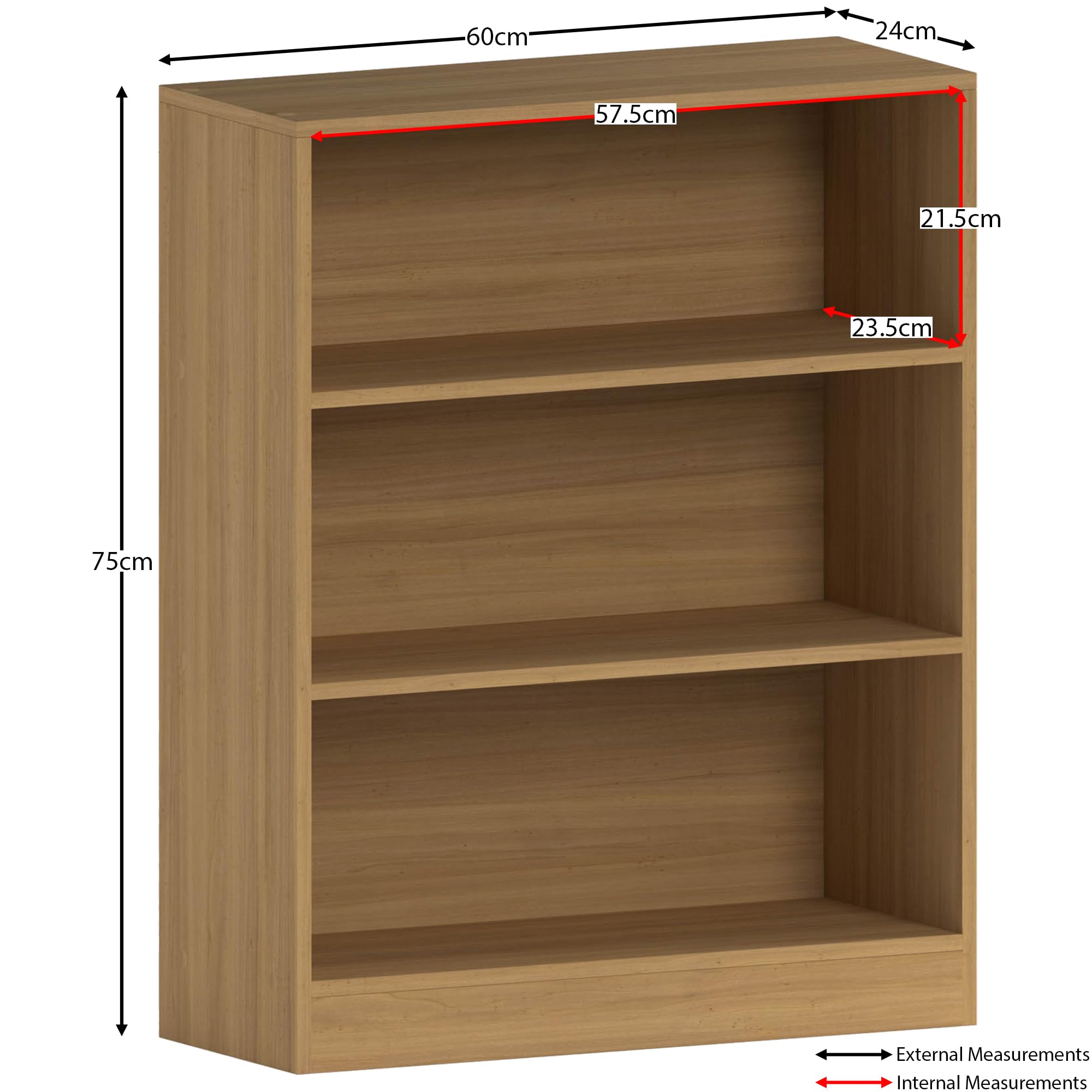 Vida Designs Cambridge 3 Tier Low Bookcase - Oak Wood Shelving | H 75 x W 60 cm | Chipboard & MDF 3