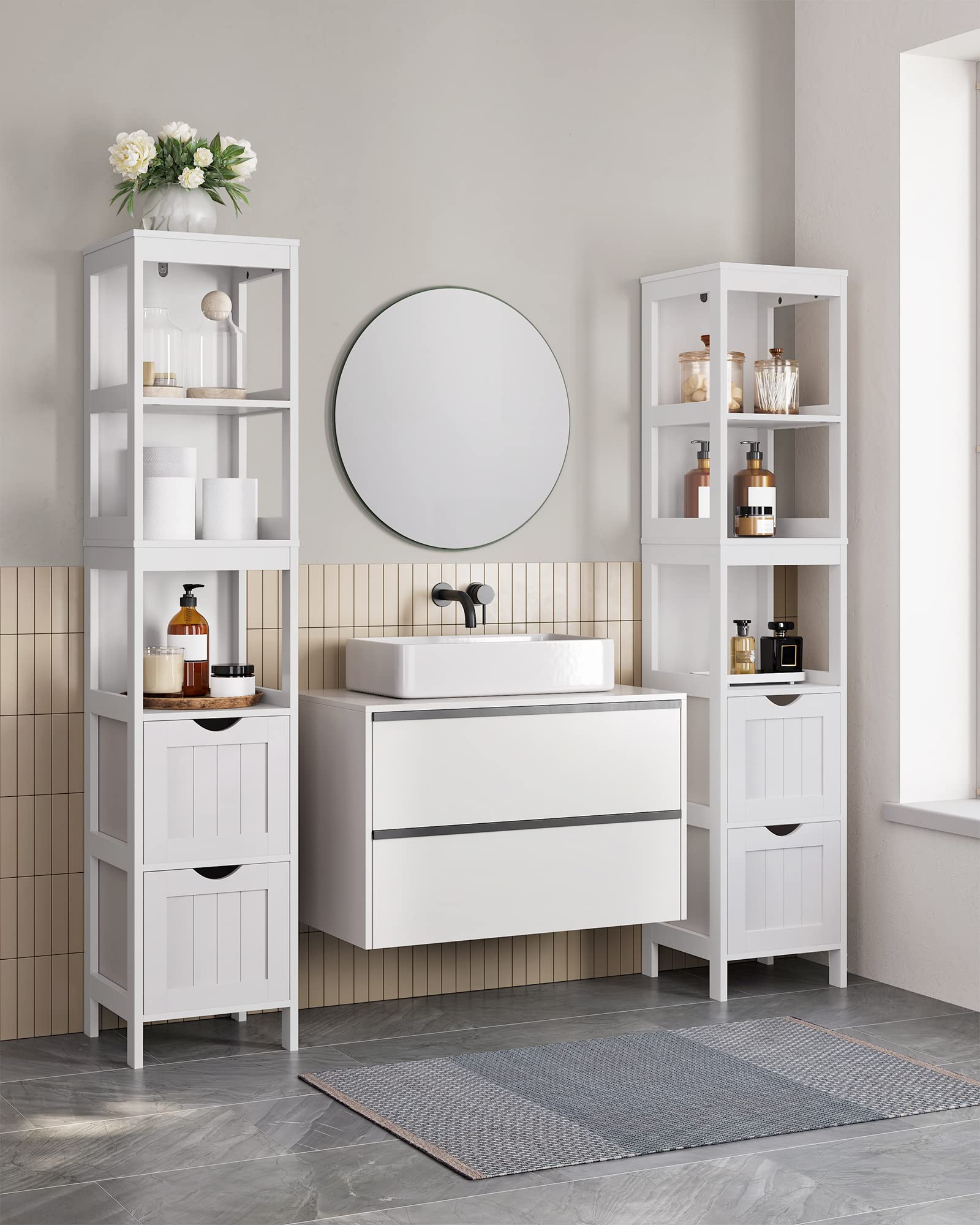 VASAGLE Bathroom Floor Cabinet - Freestanding Storage with 2 Drawers & 3 Open Shelves | White | 30x30x141.5 cm 9