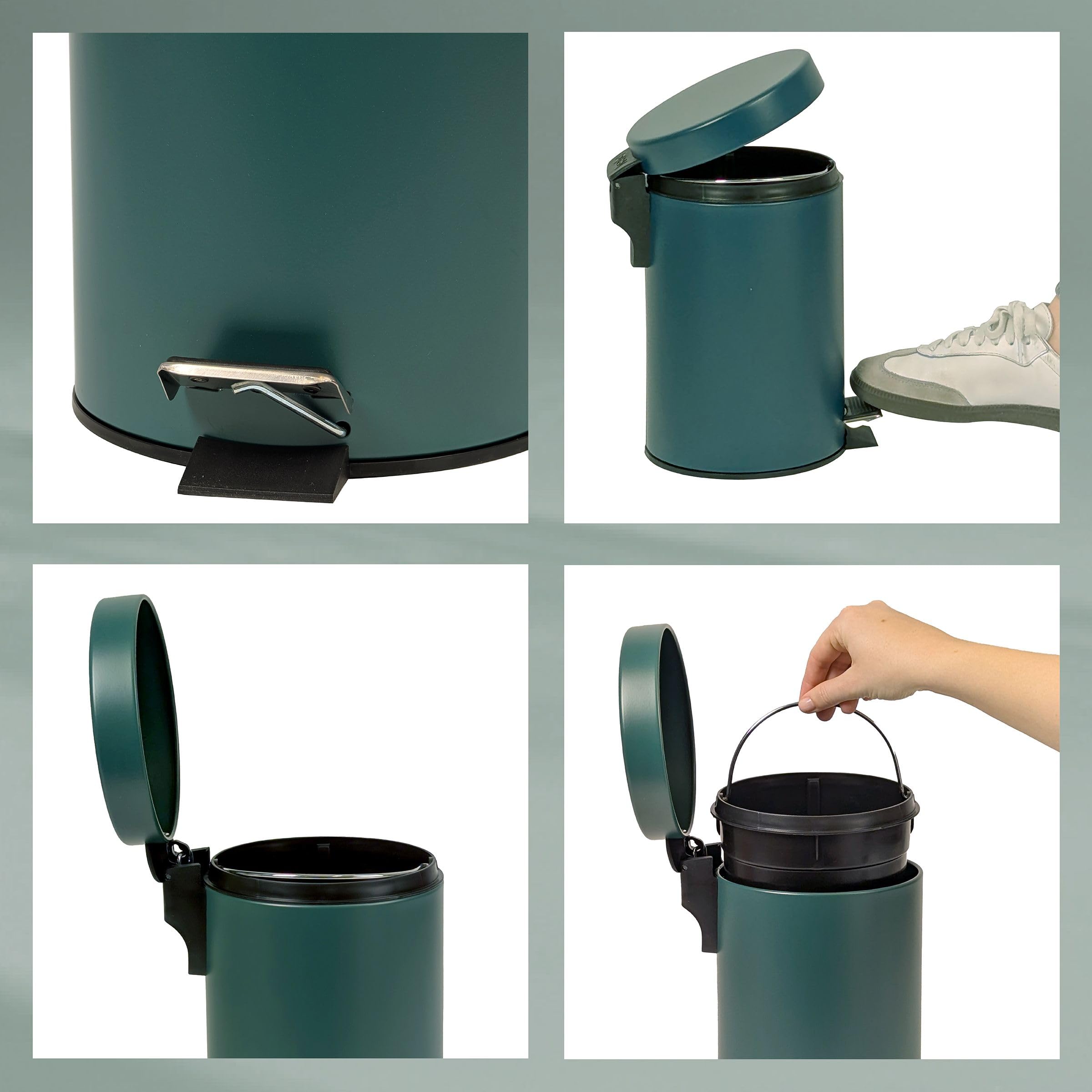 Kela MONACO Bathroom Bin - 3L Capacity, Metal Pedal Bin with Inner Bucket | Alpine Green 6