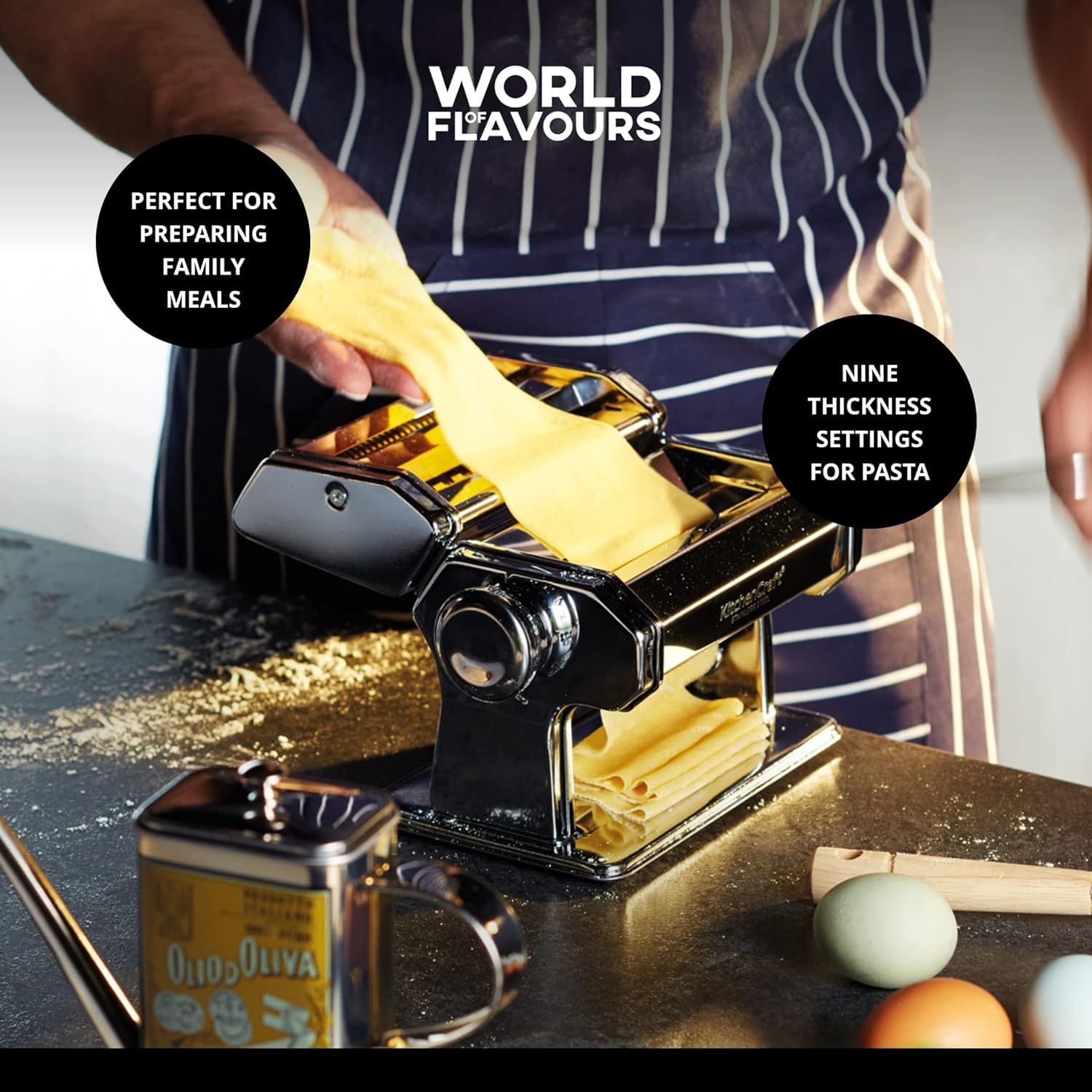 KitchenCraft World of Flavours Manual Pasta Maker - 9 Adjustable Thickness Settings | Stainless Steel 5