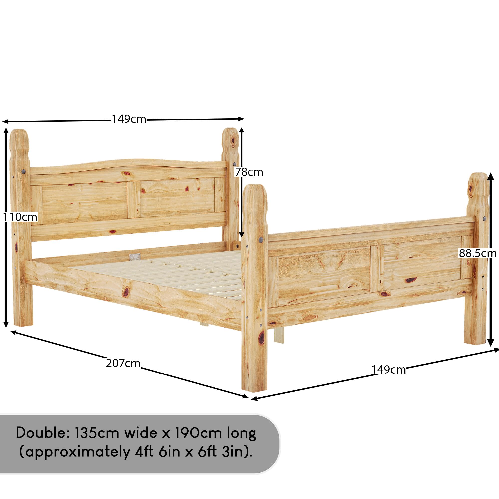 Vida Designs Corona Solid Pine Wood Bed Frame - Double Size | High Foot End | Waxed Finish 2