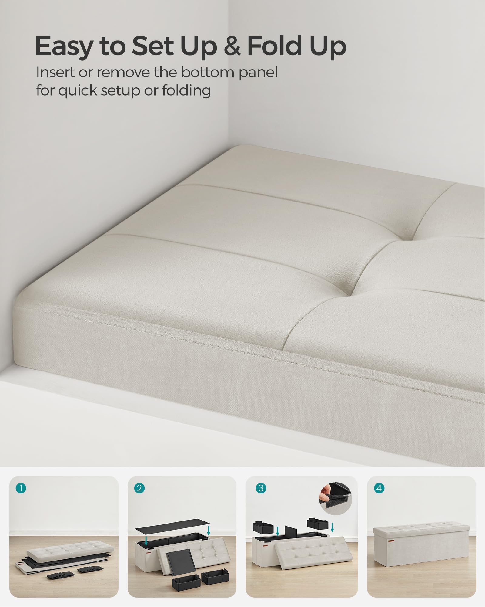 SONGMICS Storage Ottoman - Foldable Bench with 131L Capacity | Cream White | 38D x 110W x 38H cm 8