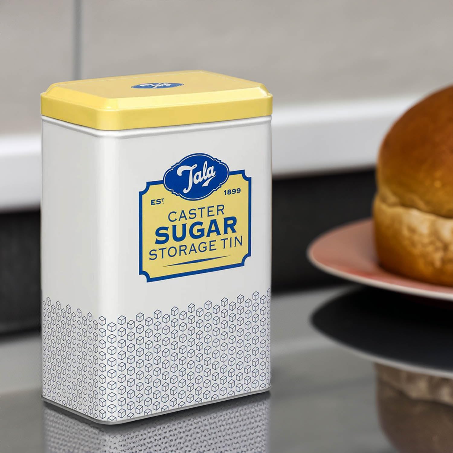 Tala Originals Metal Storage Tin for Caster Sugar | Yellow & Cream Nostalgic Design | 163x105x70mm 8