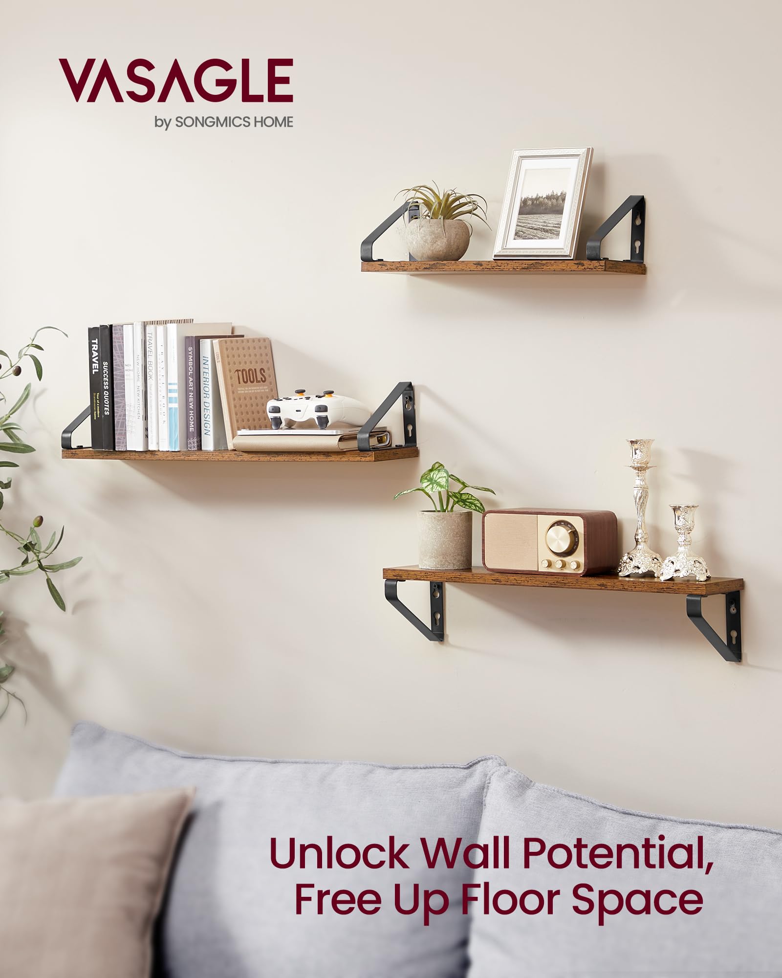 VASAGLE Floating Wall Shelves - Set of 3 (40/50/60 cm) | Rustic Brown & Matte Black | Holds 10 kg Each 3