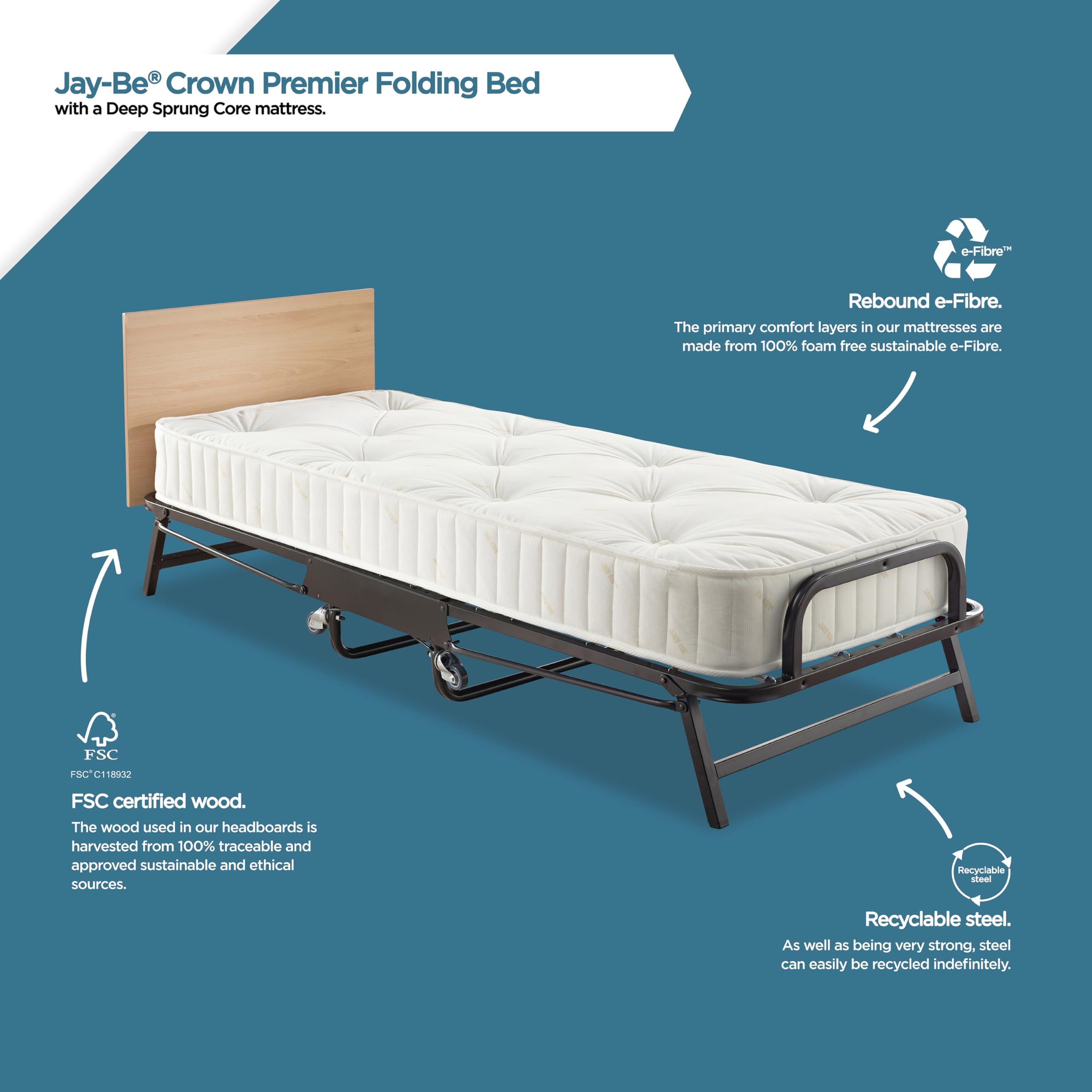 JAY-BE Crown Premier Folding Bed with Deep Sprung Mattress - Single, Contract Use, 190kg Max Weight 6