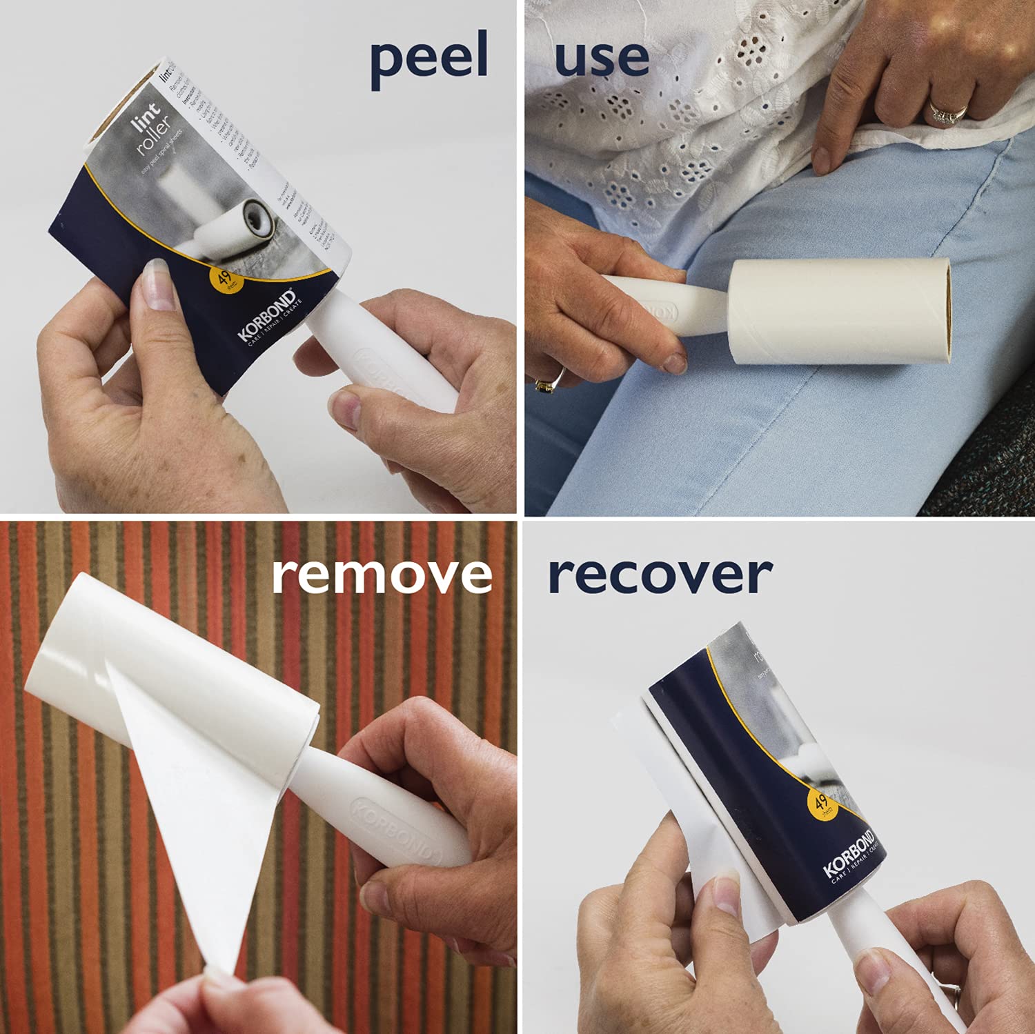 KORBOND Lint Roller with 49 Sticky Sheets | Removes Pet Hair, Dust, and Lint | White