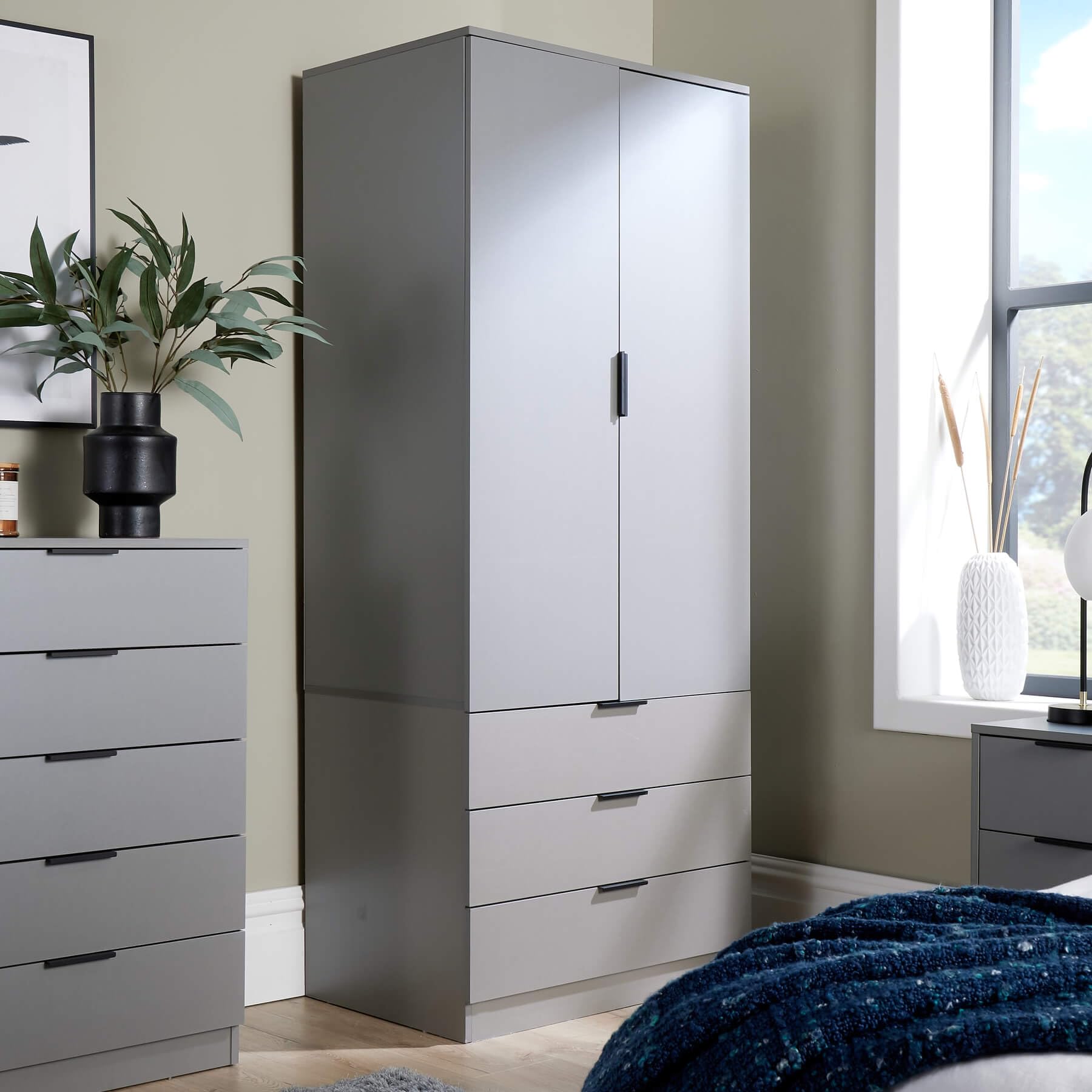 Home Source Phoenix Wardrobe - 2 Doors, 3 Drawers | Grey | 181cm H x 75cm W x 50cm D | Engineered Wood