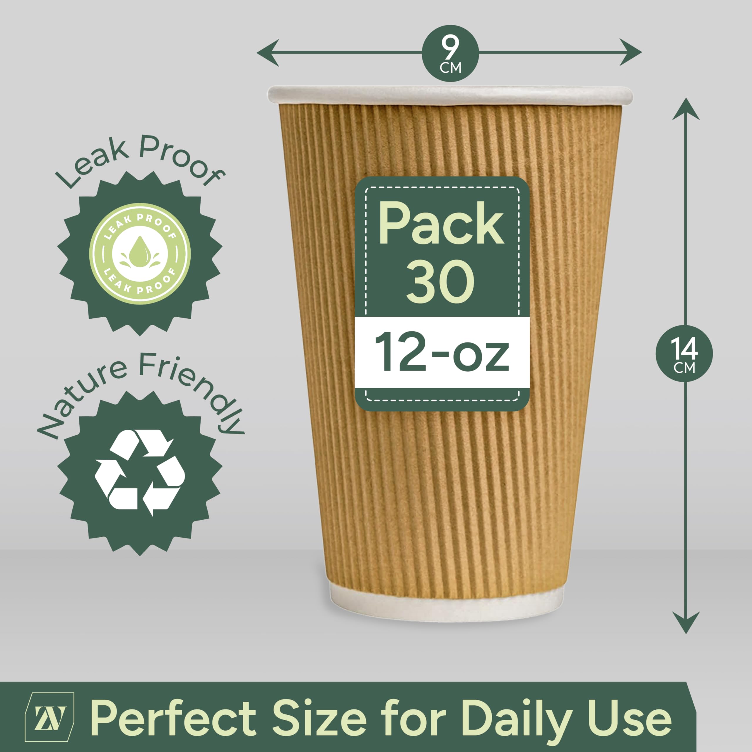 Zuvo Ripple Paper Coffee Cups - Heavy-Duty Double-Walled Disposable Tumblers | 12 OZ, 30 Pack