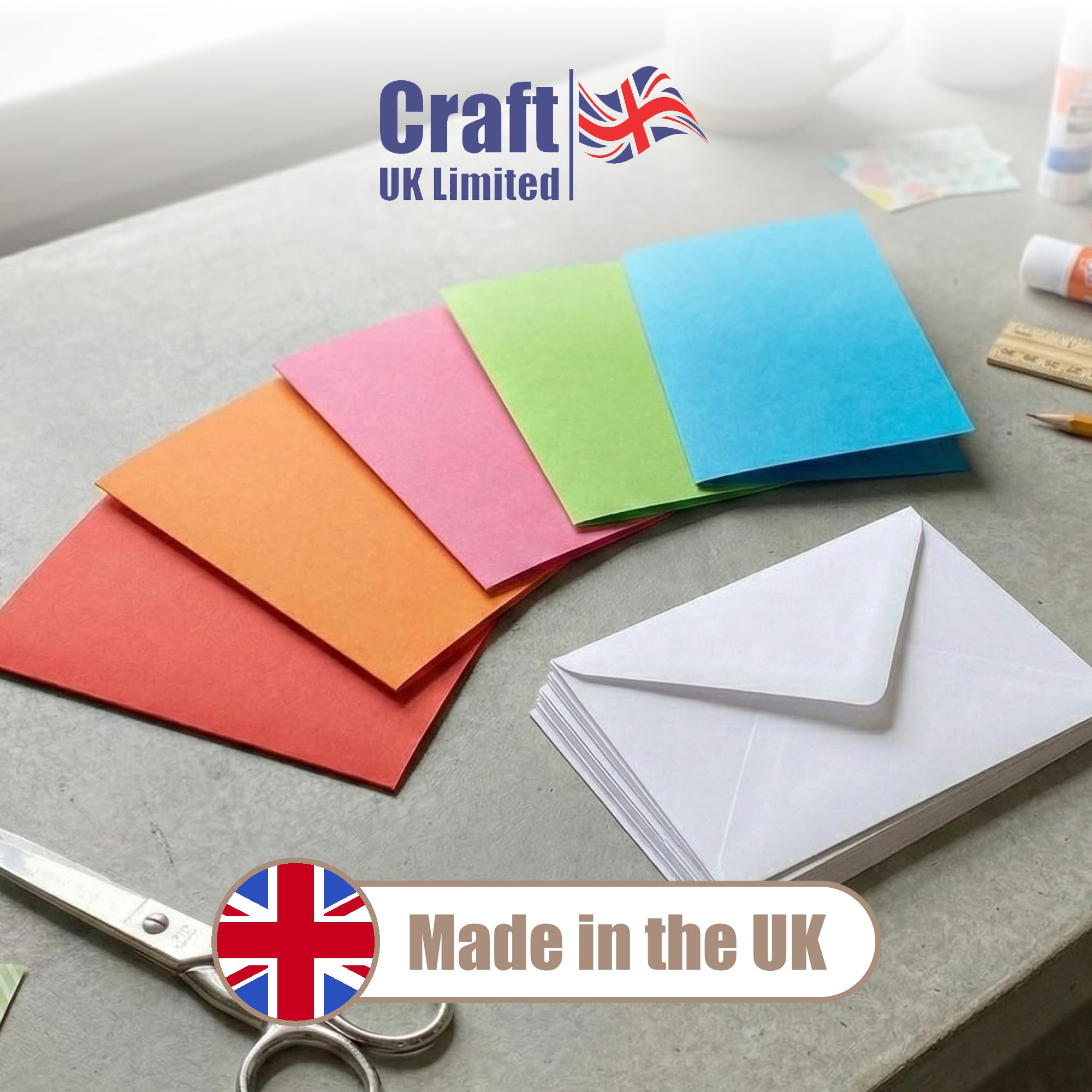 Craft UK C6 Card Stock Pack of 50 - Mixed Colours with White Envelopes | 225gsm 2