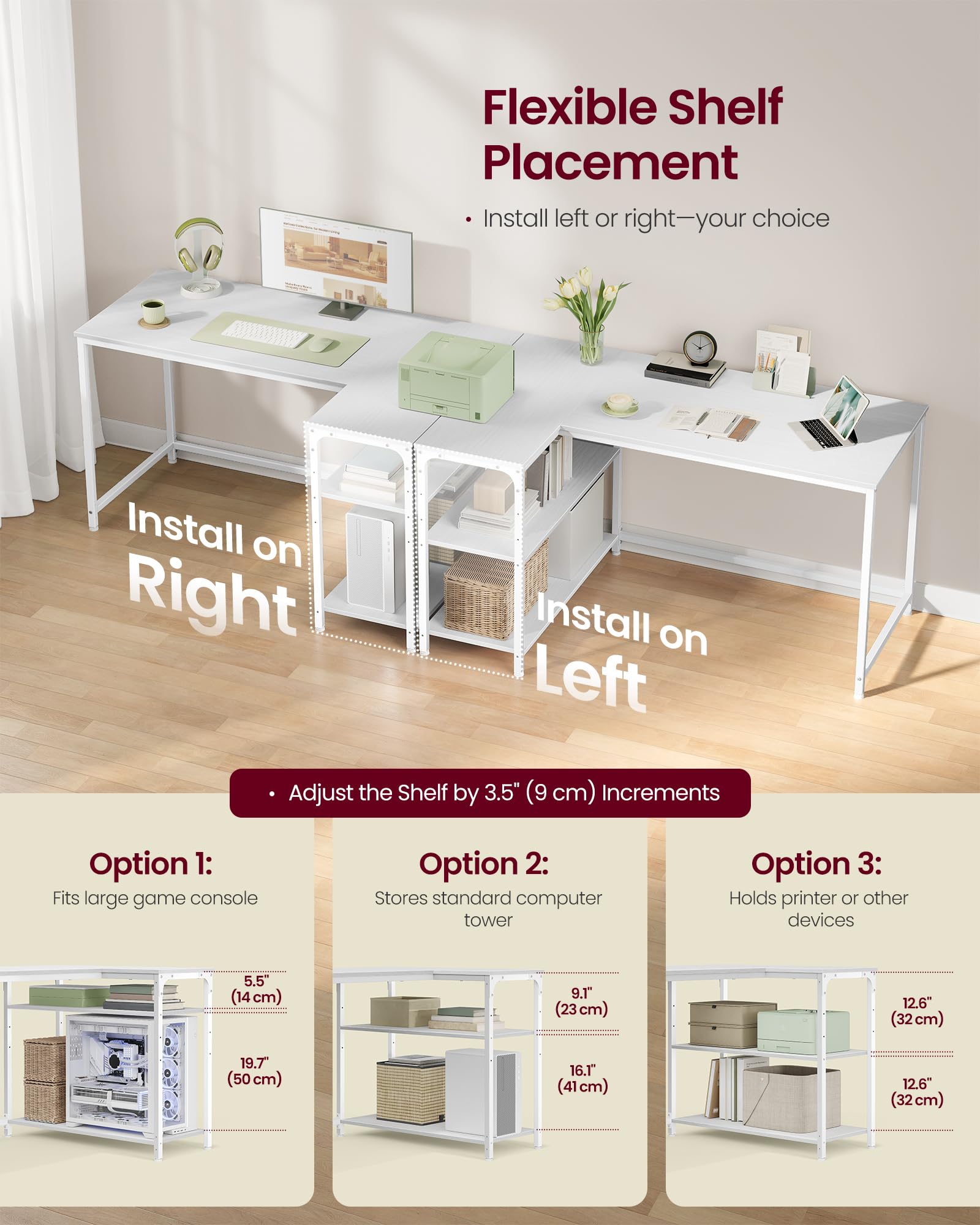 VASAGLE L-Shaped Corner Desk with Reversible Storage | Maple White | 120 x 80 cm 5