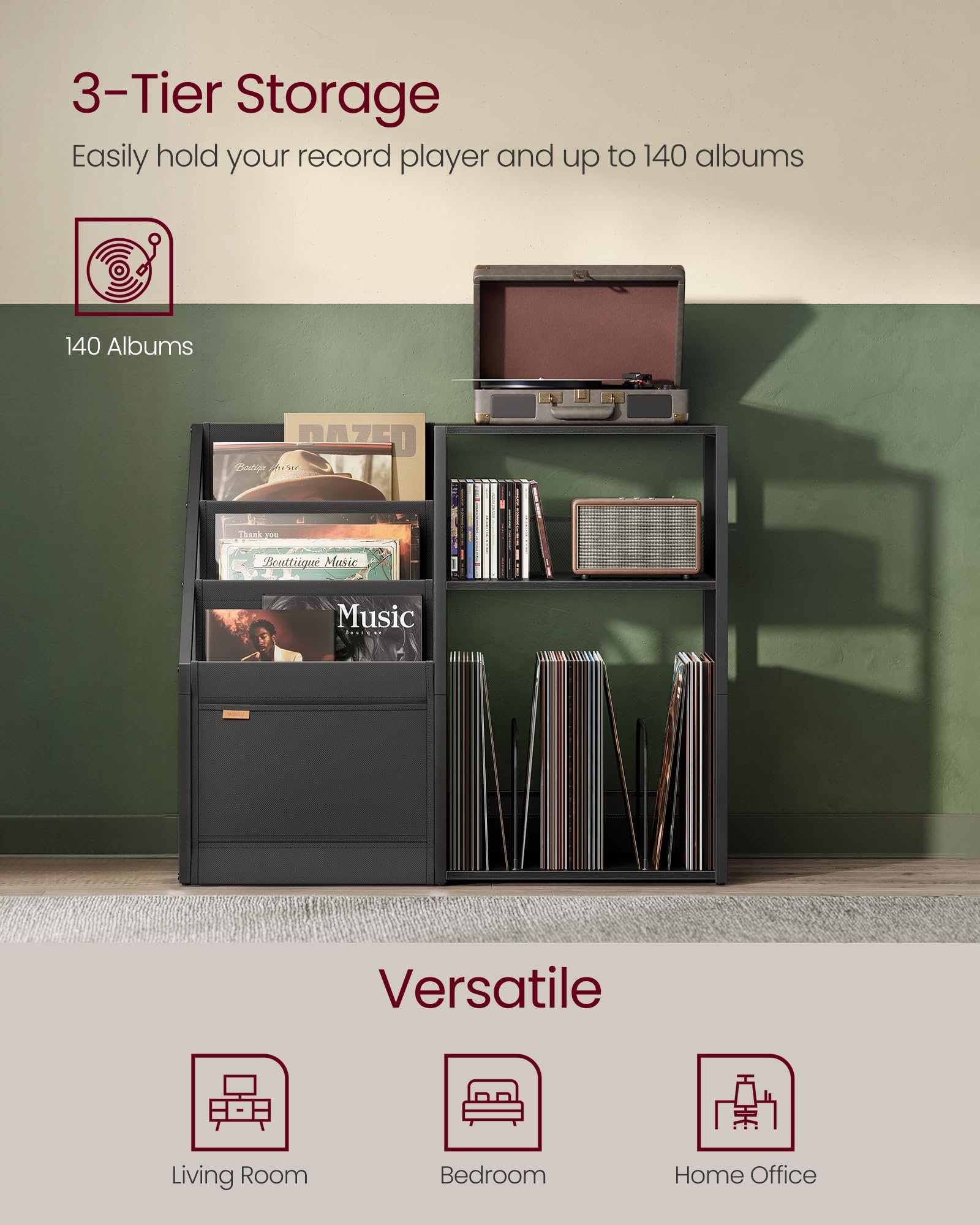 VASAGLE Record Player Stand - 3-Tier Storage for 140 Albums | Ebony Black End Table | 30 x 81 x 69 cm 3