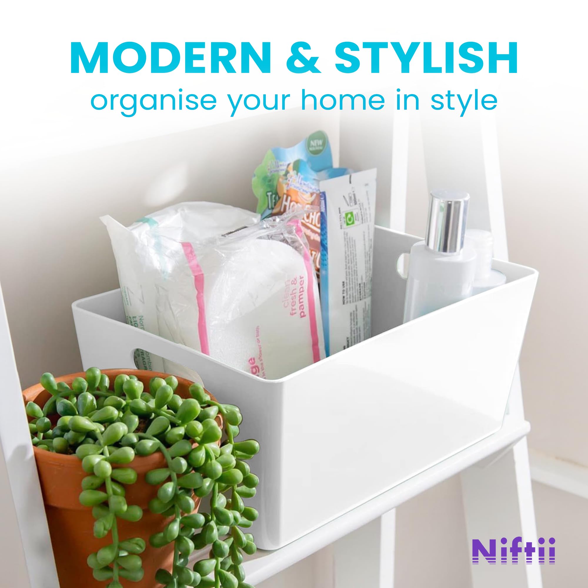 Niftii Plastic Shelf Baskets - 5 Pack Storage Bins with Handles | 3.9L Capacity | White 5