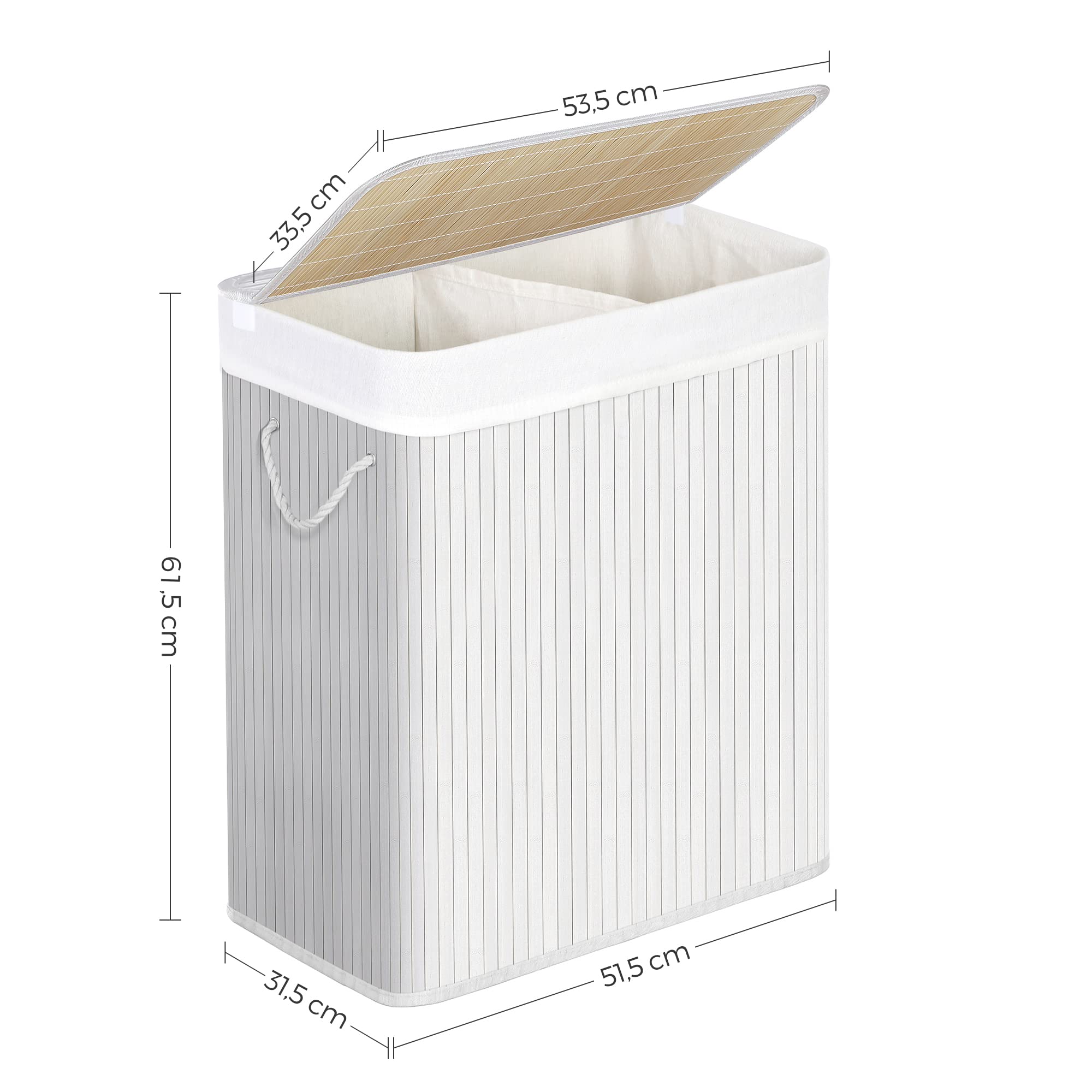 SONGMICS Bamboo Laundry Basket with Lid - 100L Capacity | 2 Sorting Compartments | Removable Liner 5