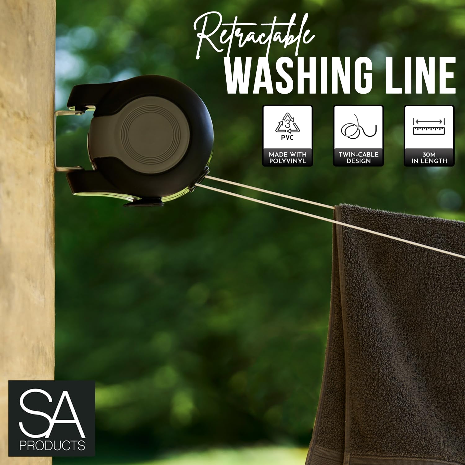 SA Products Wall Mounted Twin Cable Retractable Washing Line - 30m Total Length | Black 2