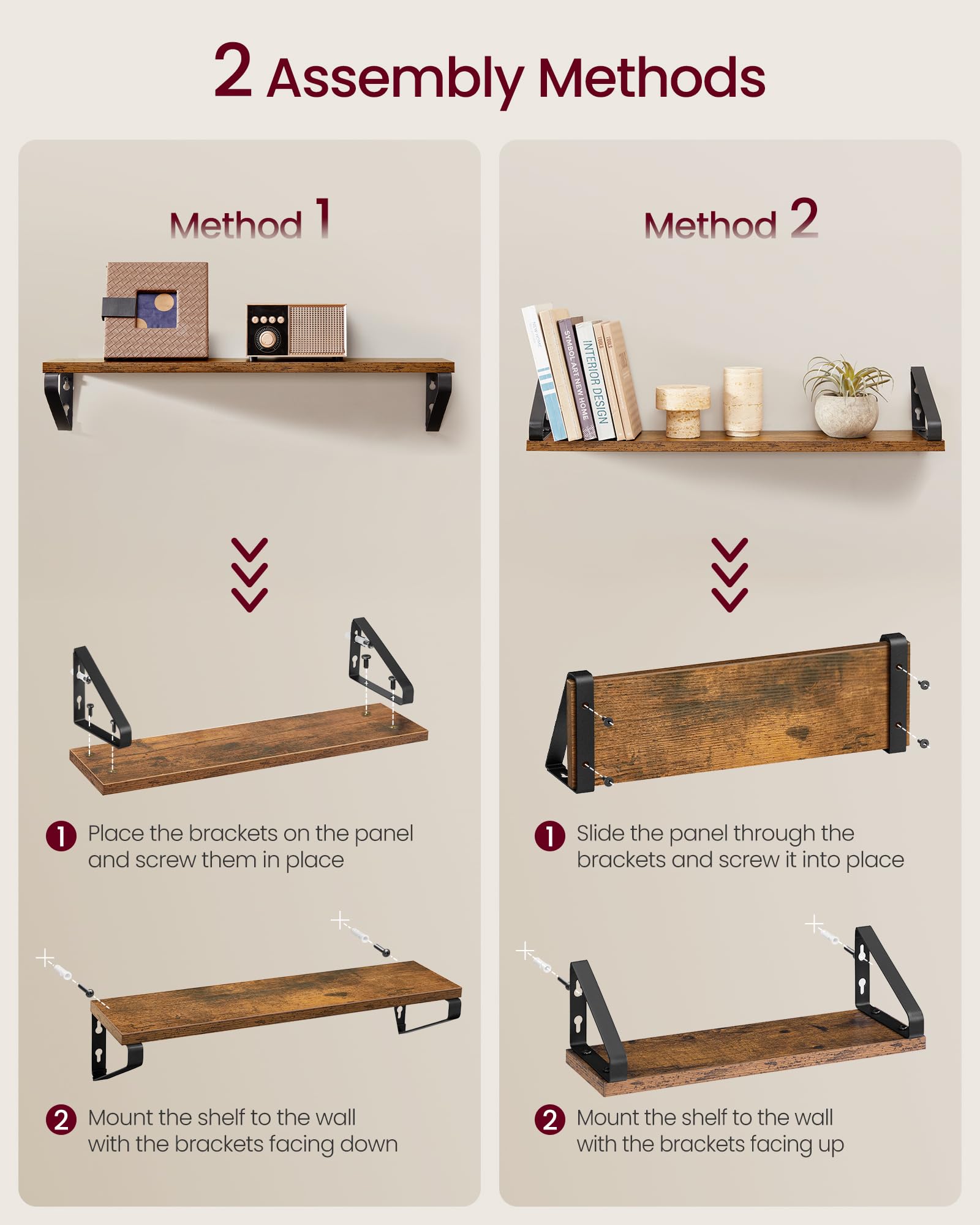 VASAGLE Floating Wall Shelves - Set of 3 (40/50/60 cm) | Rustic Brown & Matte Black | Holds 10 kg Each 6
