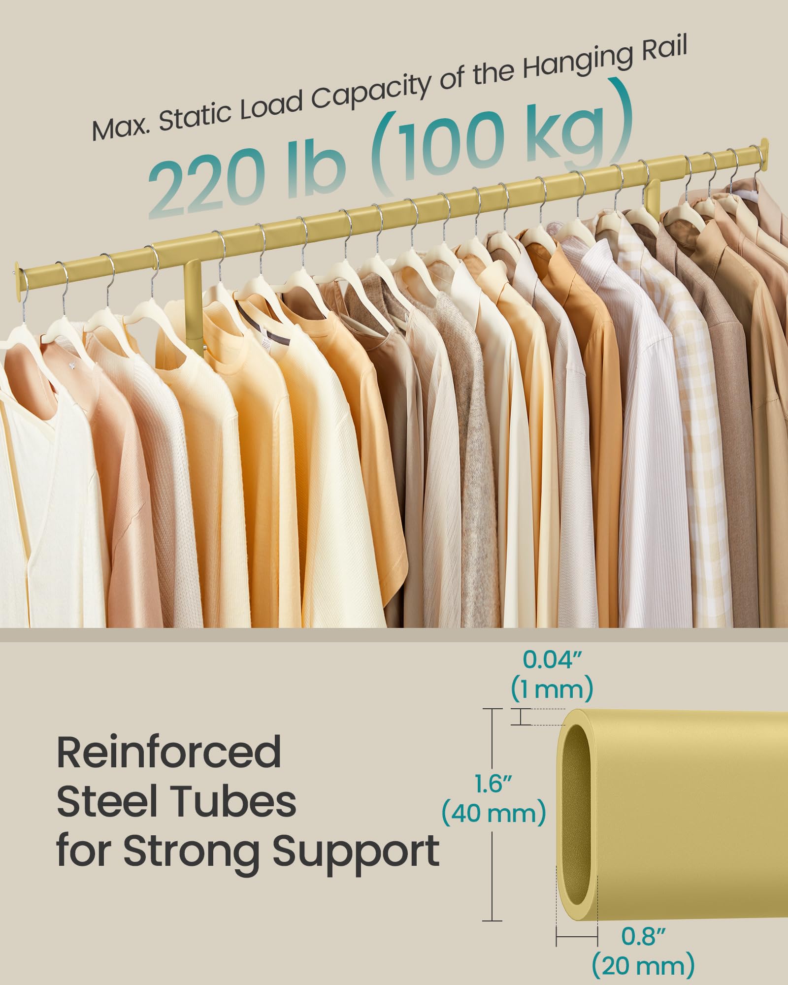 SONGMICS Heavy Duty Clothes Rack on Wheels | 100 kg Capacity | Extendable Rail (92-132 cm) | Pale Gold 4
