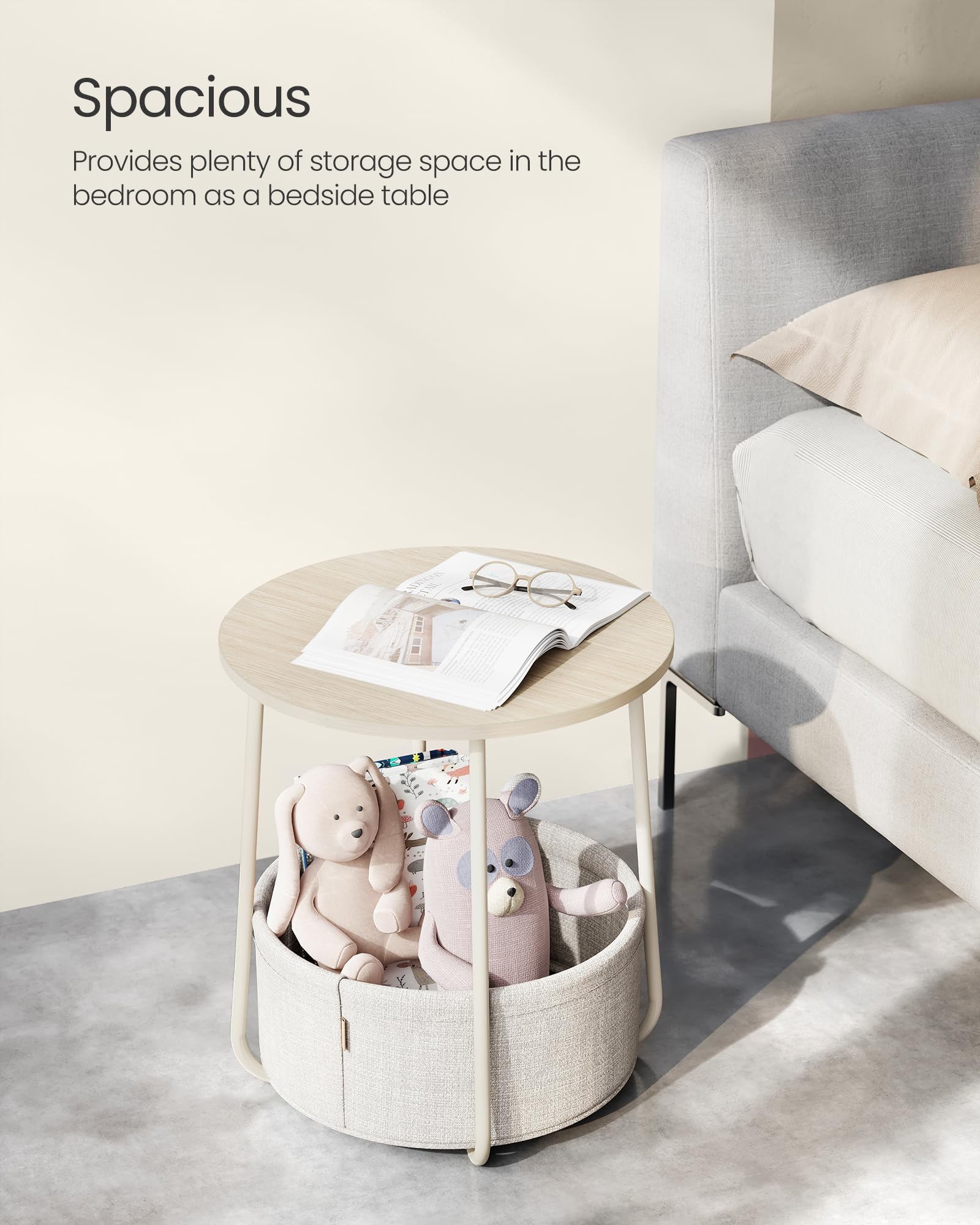 VASAGLE Round End Table with Fabric Basket | 45 x 50 cm | Cream White | Storage 4