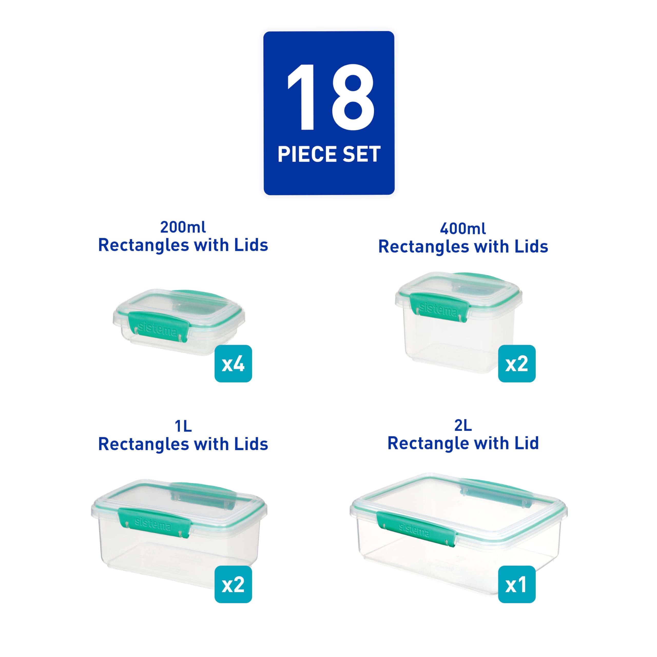 Sistema KLIP IT Food Storage Containers - 18 Count Airtight & Stackable Set | Teal Plastic