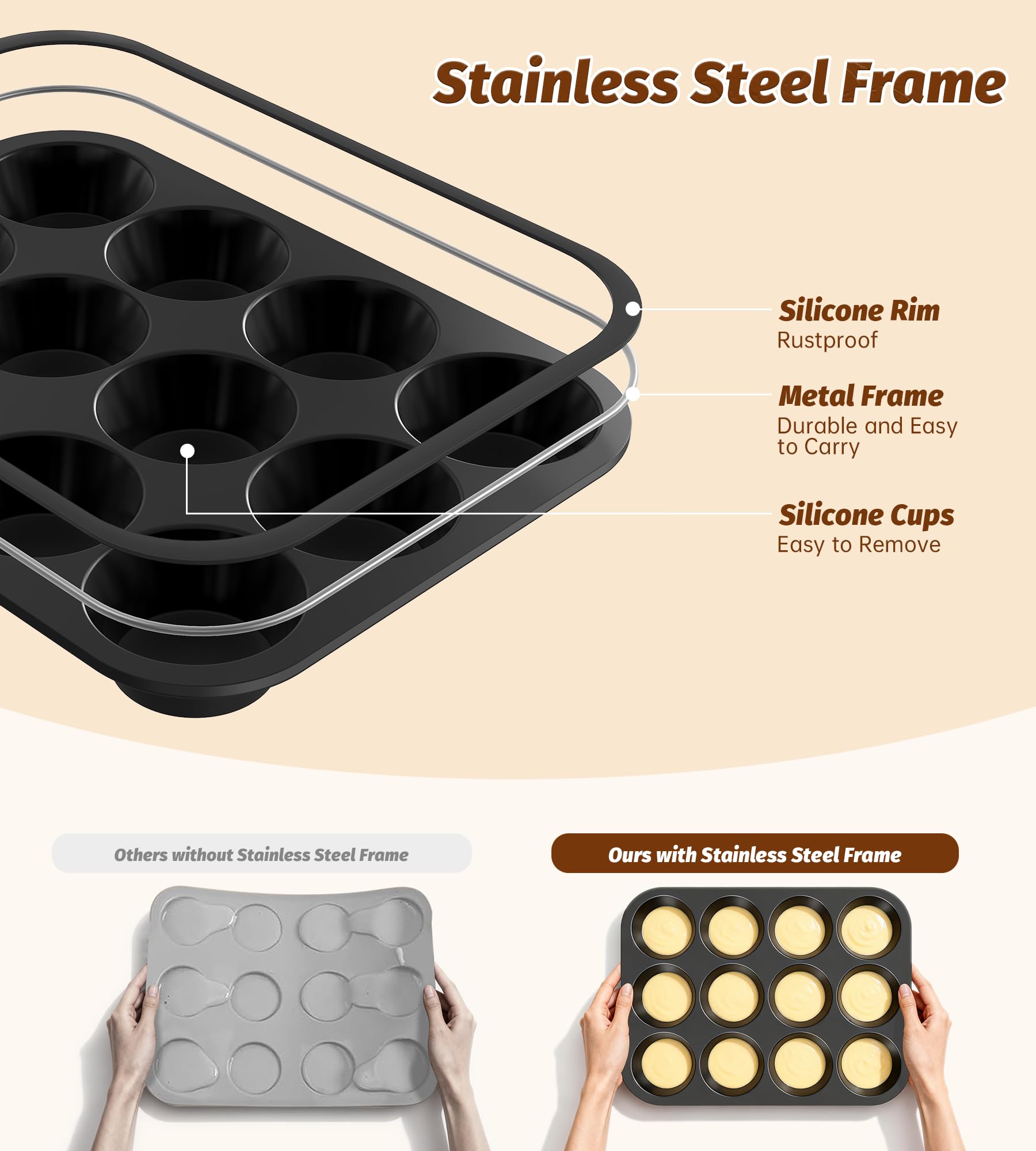 Ankway 12 Cup Muffin Tray - Metal Frame Stability, BPA Free Silicone, Non-Stick | Black 6