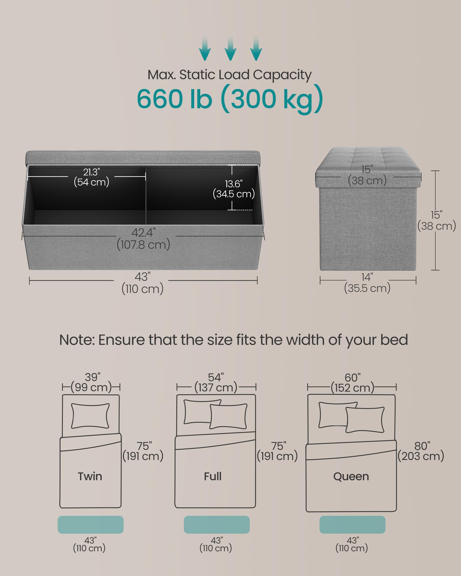 SONGMICS MAZIE Storage Ottoman Bench - 110 cm Folding Foot Rest | 131L Capacity | Light Grey 3