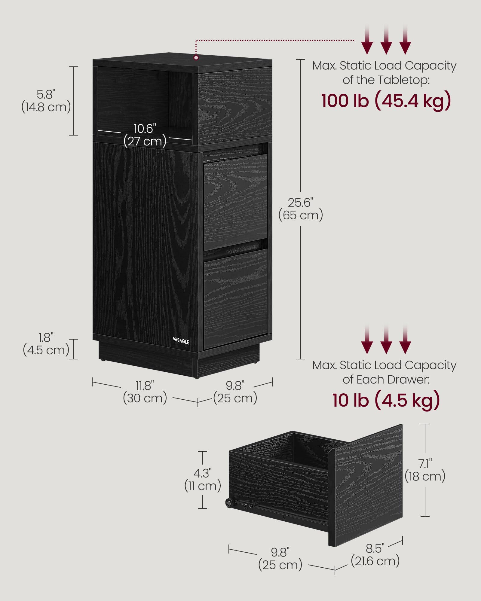 VASAGLE KAILYN Slim Bedside Table - Ebony Black | 30x25x65 cm | 2 Drawers 3