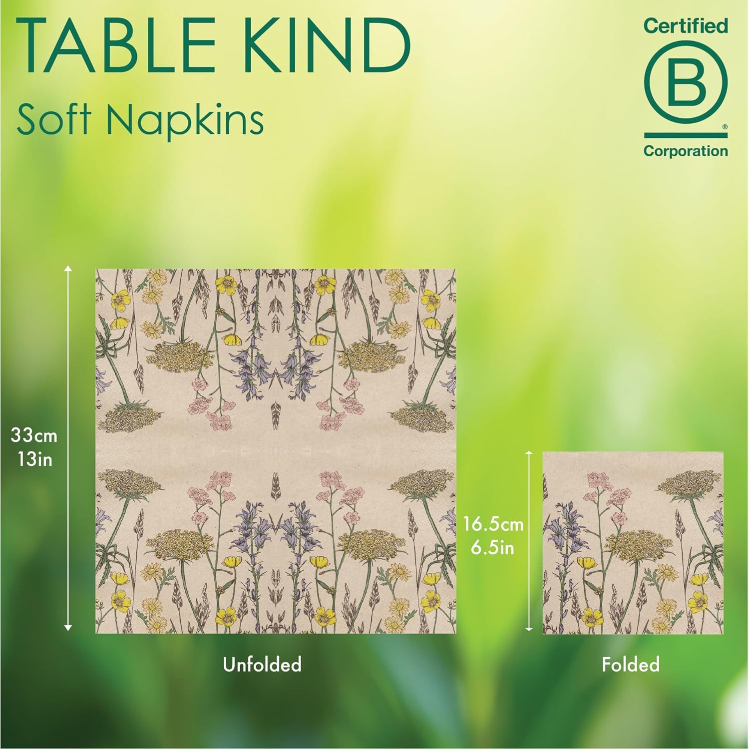 Talking Tables Table Kind Recycled Paper Napkins - 100 Pack, 2ply, 33cm Wildflower Floral 6