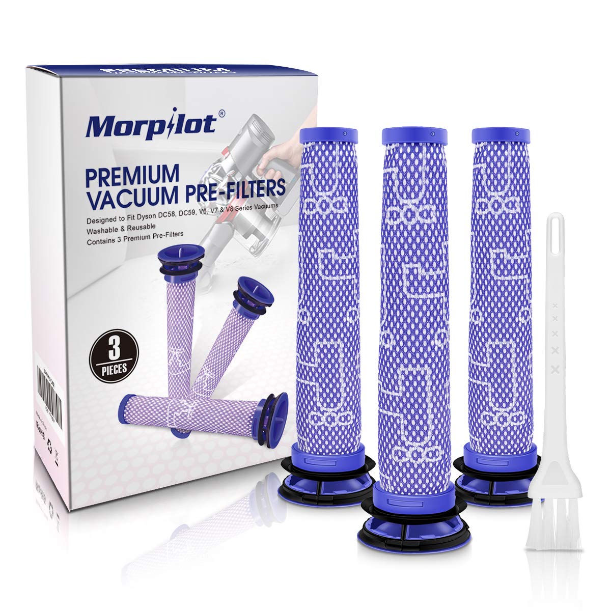 morpilot Premium Pre-Filter Replacement for Dyson V6 V7 V8, DC58-DC74 Series | 3 Pack Washable Cotton Filters