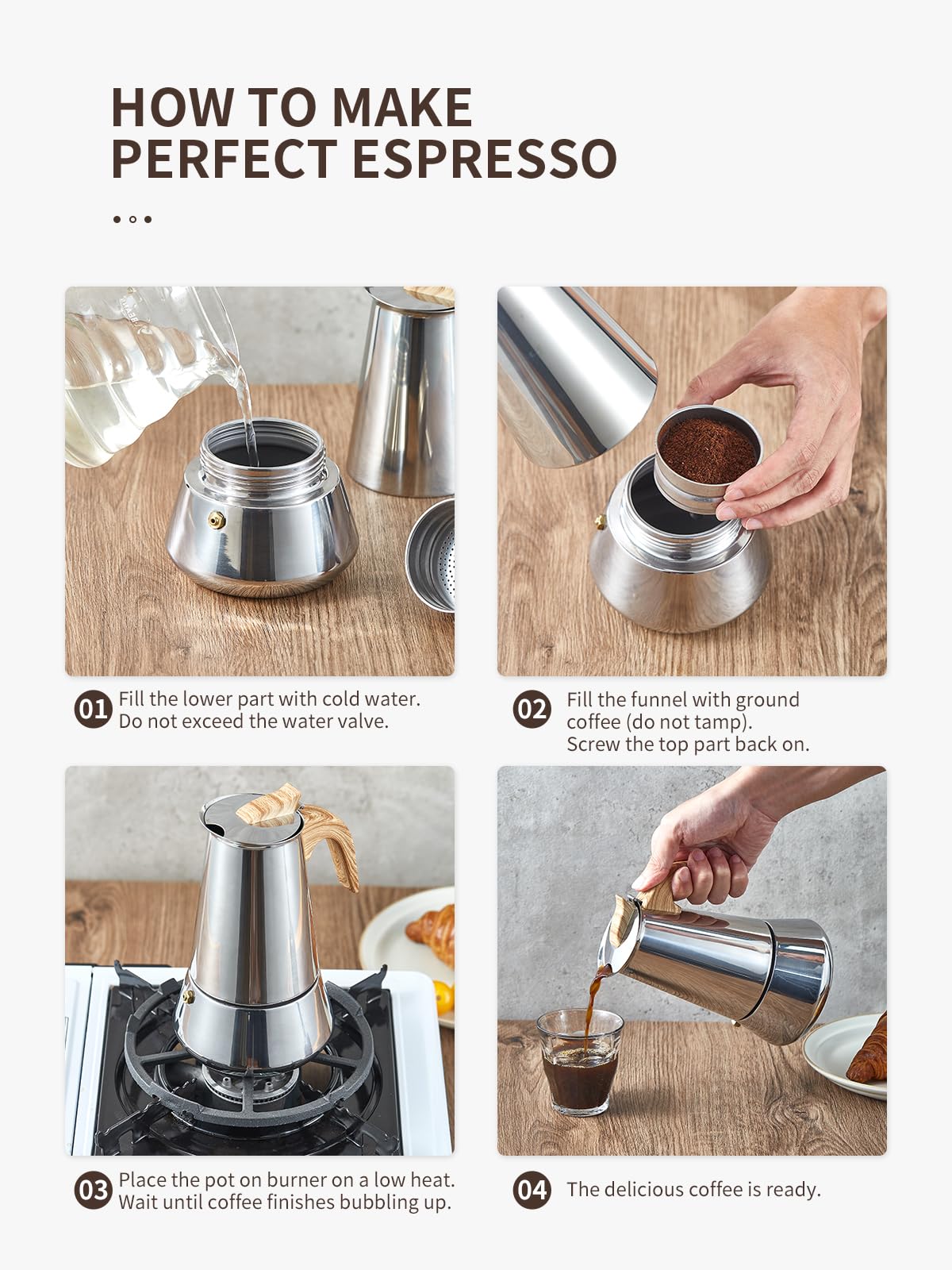 Yabano Moka Pot - 6 Cup Stainless Steel Stovetop Espresso Maker | Induction Compatible 4