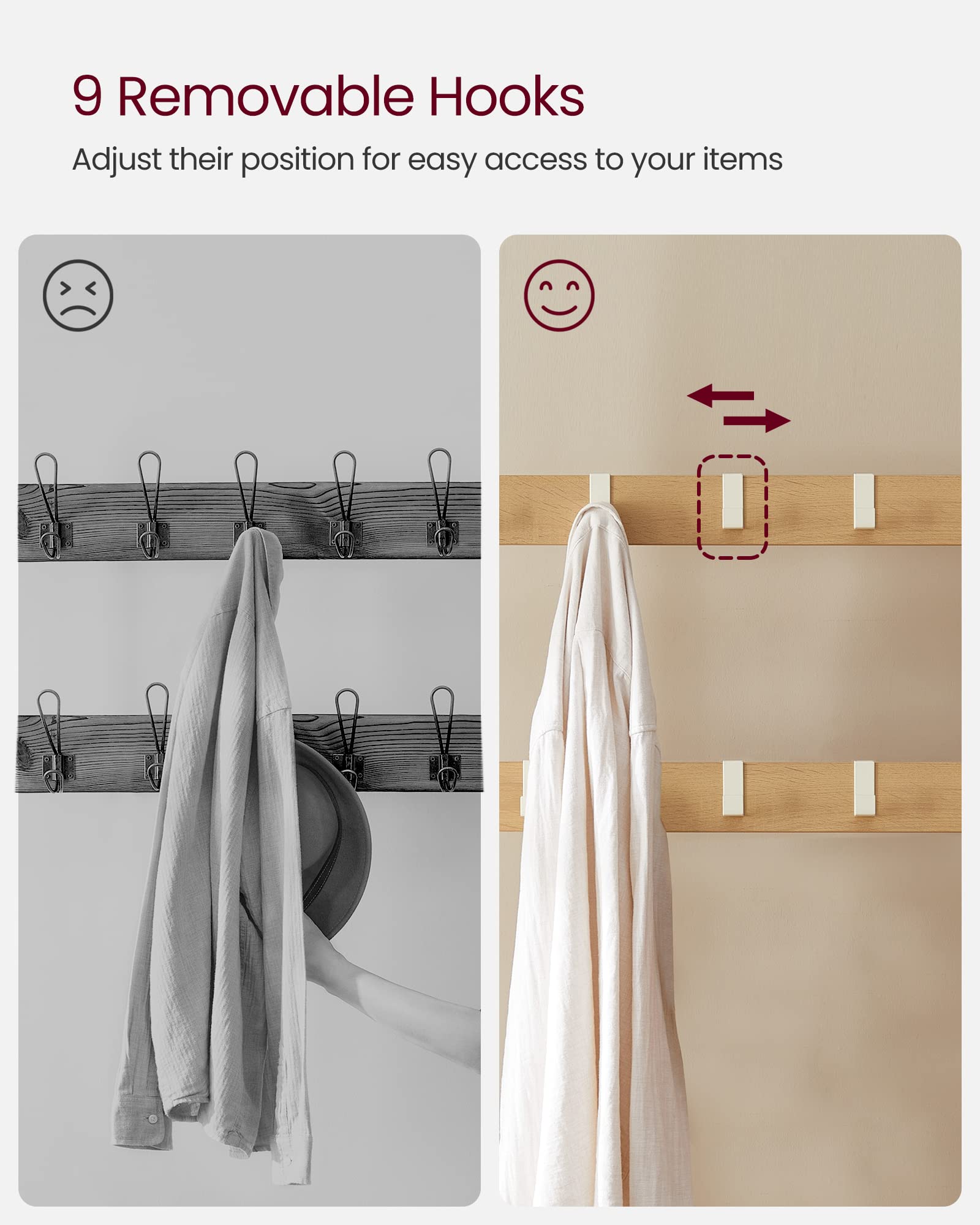VASAGLE 4-in-1 Coat Rack with Shoe Storage Bench | 9 Removable Hooks | Industrial Oak & Cream | 72 x 33.7 x 183 cm 5
