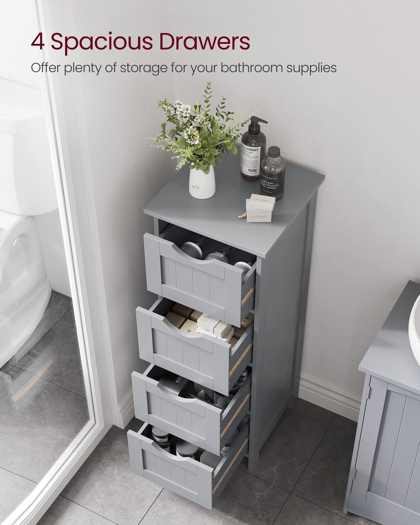 VASAGLE Bathroom Floor Storage Cabinet - 4 Drawers | Mystic Grey | 30 x 30 x 82 cm 4