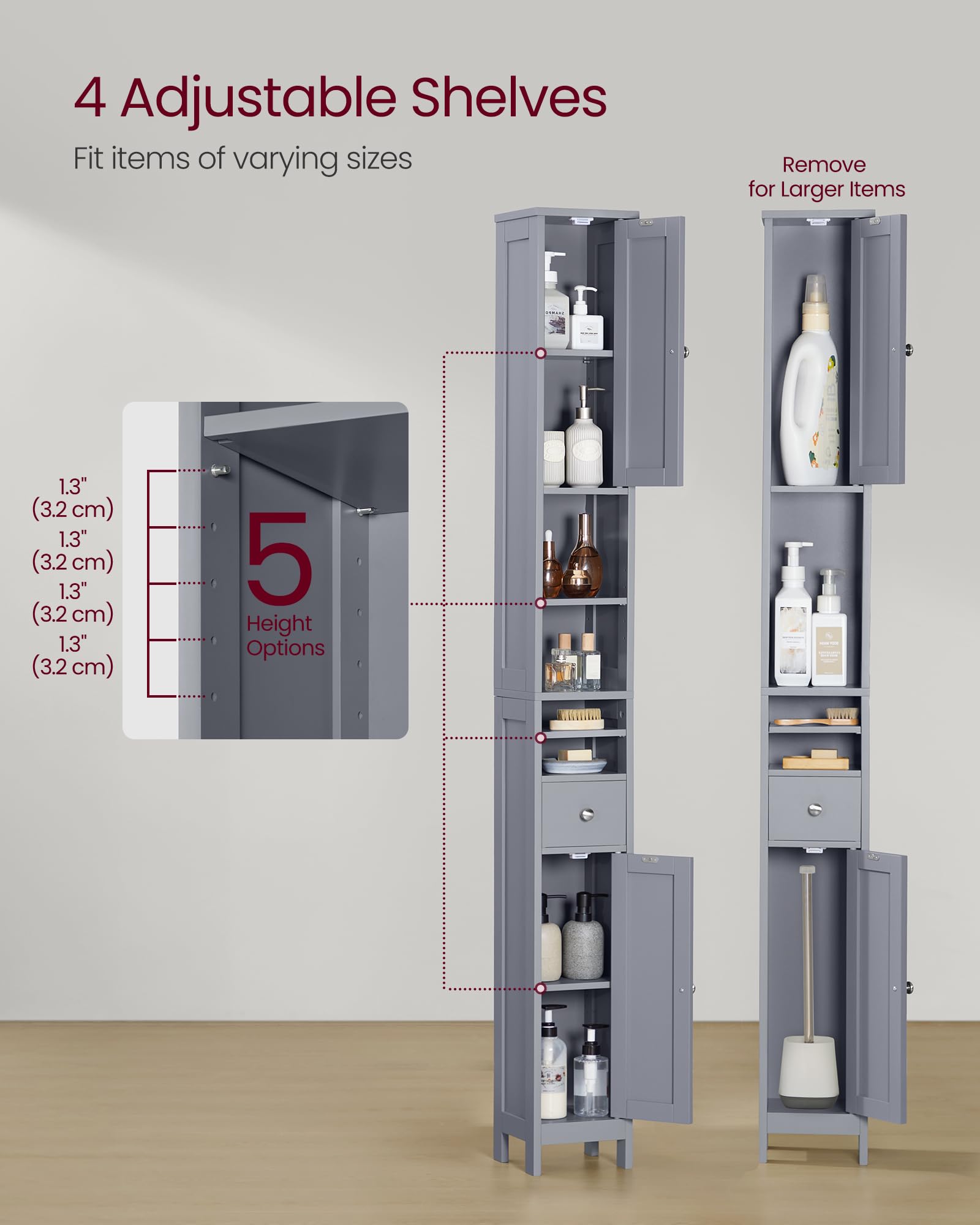 VASAGLE Tall Bathroom Cabinet - Slim Freestanding Storage | Dove Grey | 180 cm Height 5