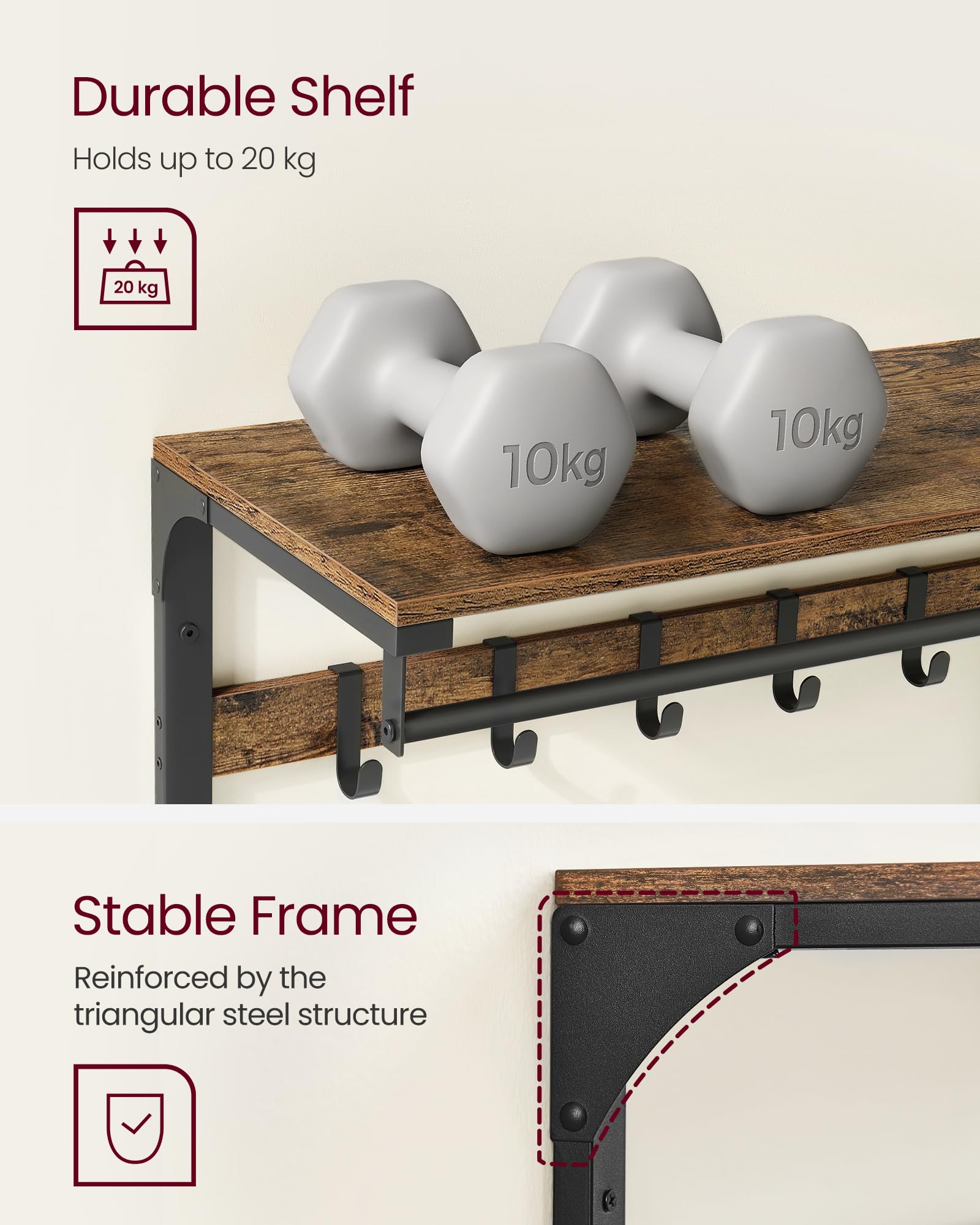 VASAGLE Wall-Mounted Coat Rack with Shelf and 10 Removable Hooks | Rustic Brown & Black | 80W cm 4