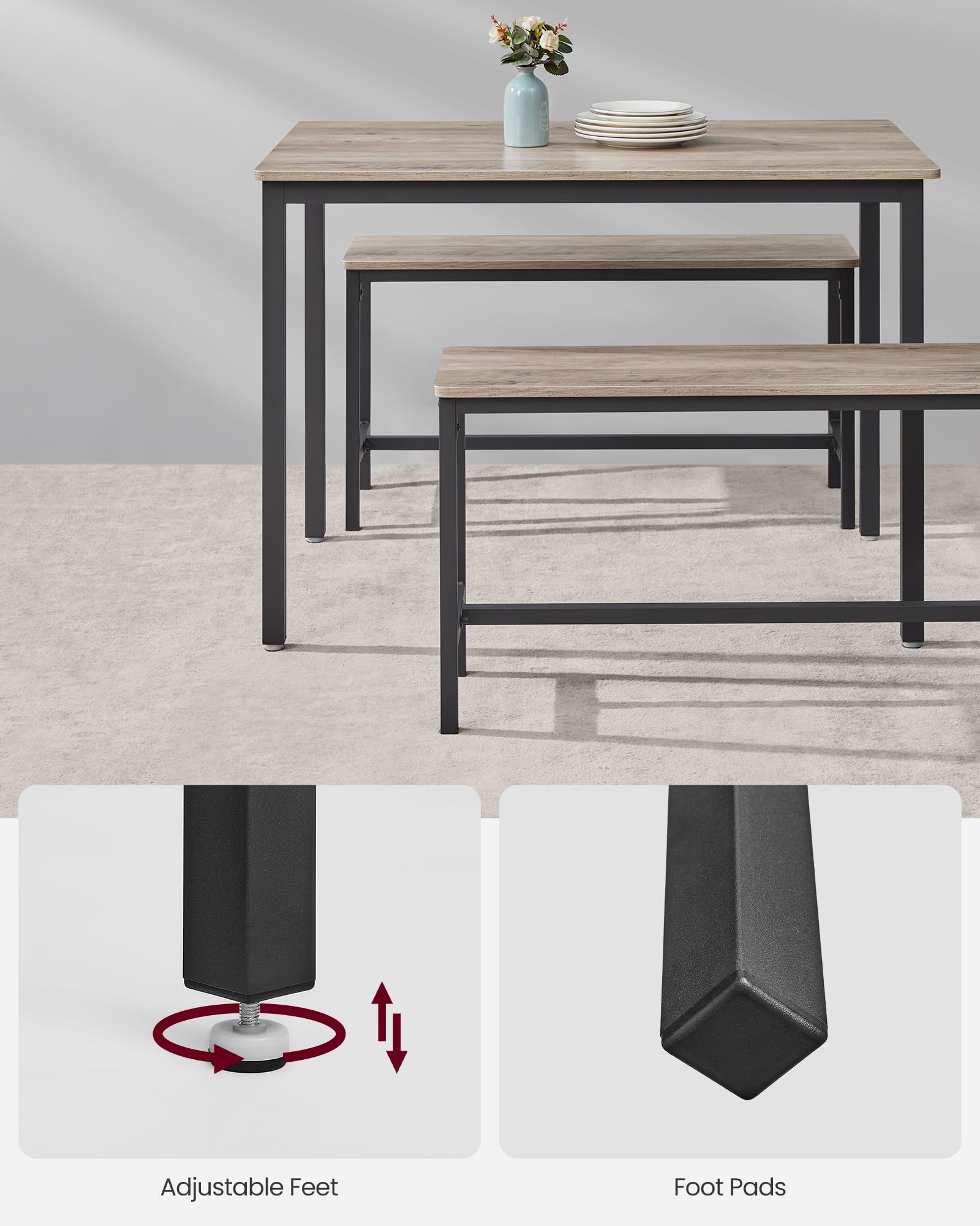 VASAGLE 3 Piece Dining Room Set with 2 Benches | Industrial Design | Seats 4 | 110 x 70 cm Table 6