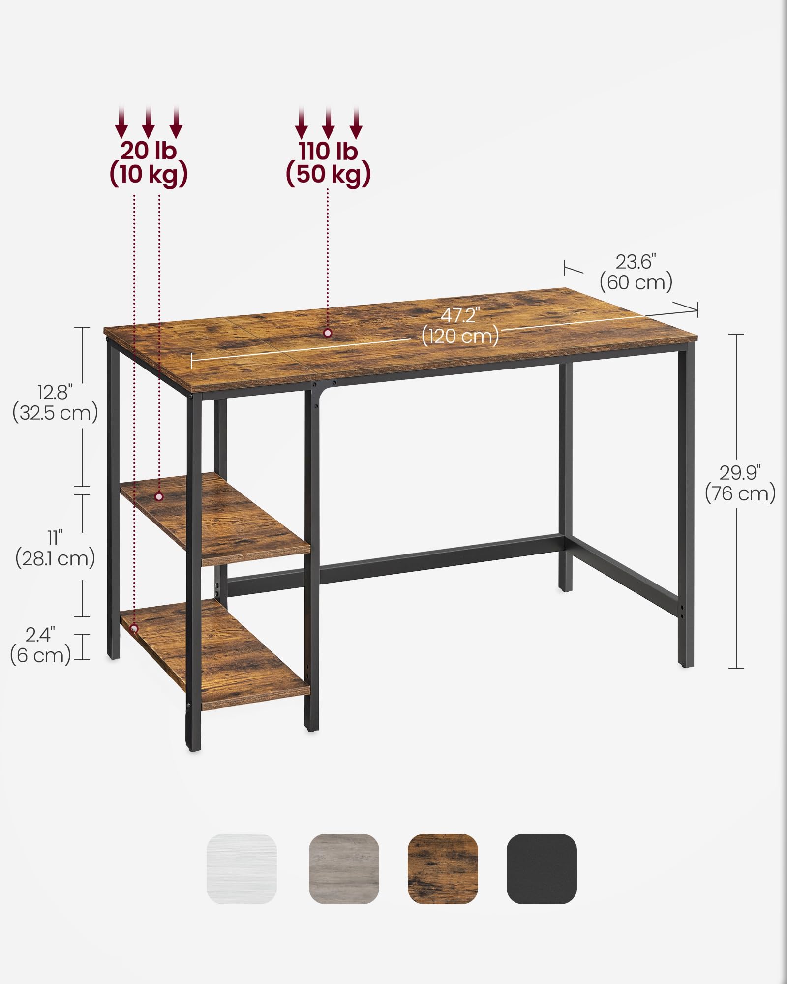 VASAGLE Computer Desk - Writing Desk with 2 Shelves | 120 x 60 cm Desktop | Rustic Brown + Black 3