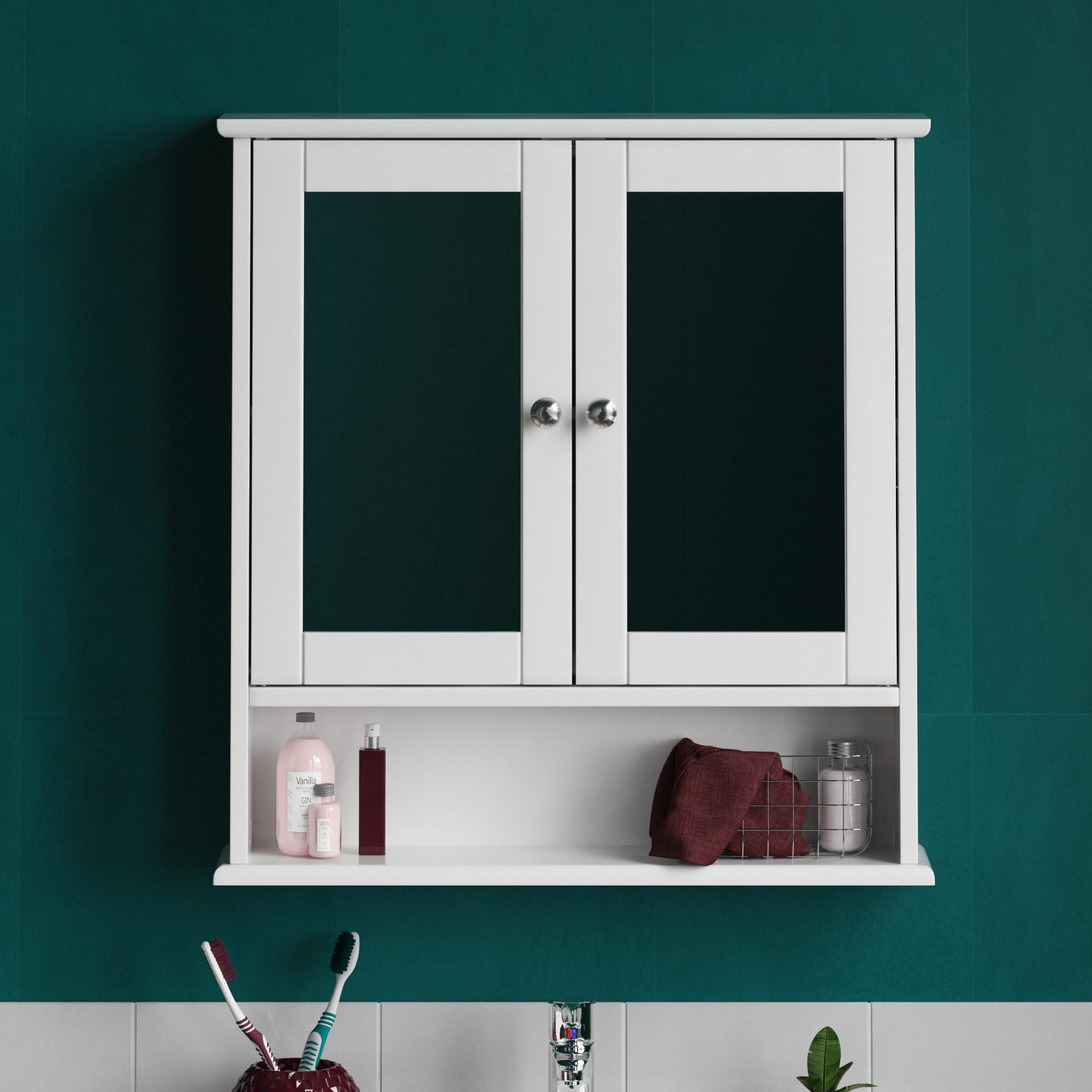 Bath Vida Priano Double Door Mirrored Bathroom Cabinet - White Wood, H 58 x W 56 x D 13 Cm 3