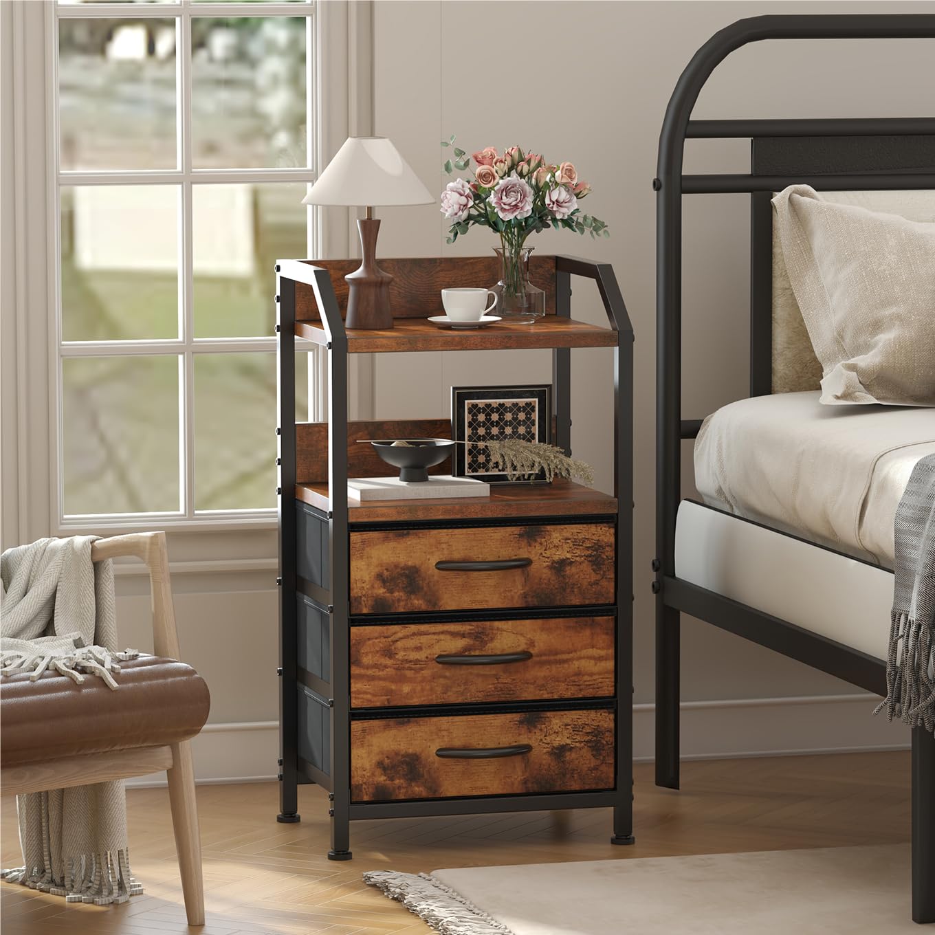 Feonase Bedside Table with 3 Fabric Drawers & Open Shelf | Rustic Brown | 40x30x75 cm 7