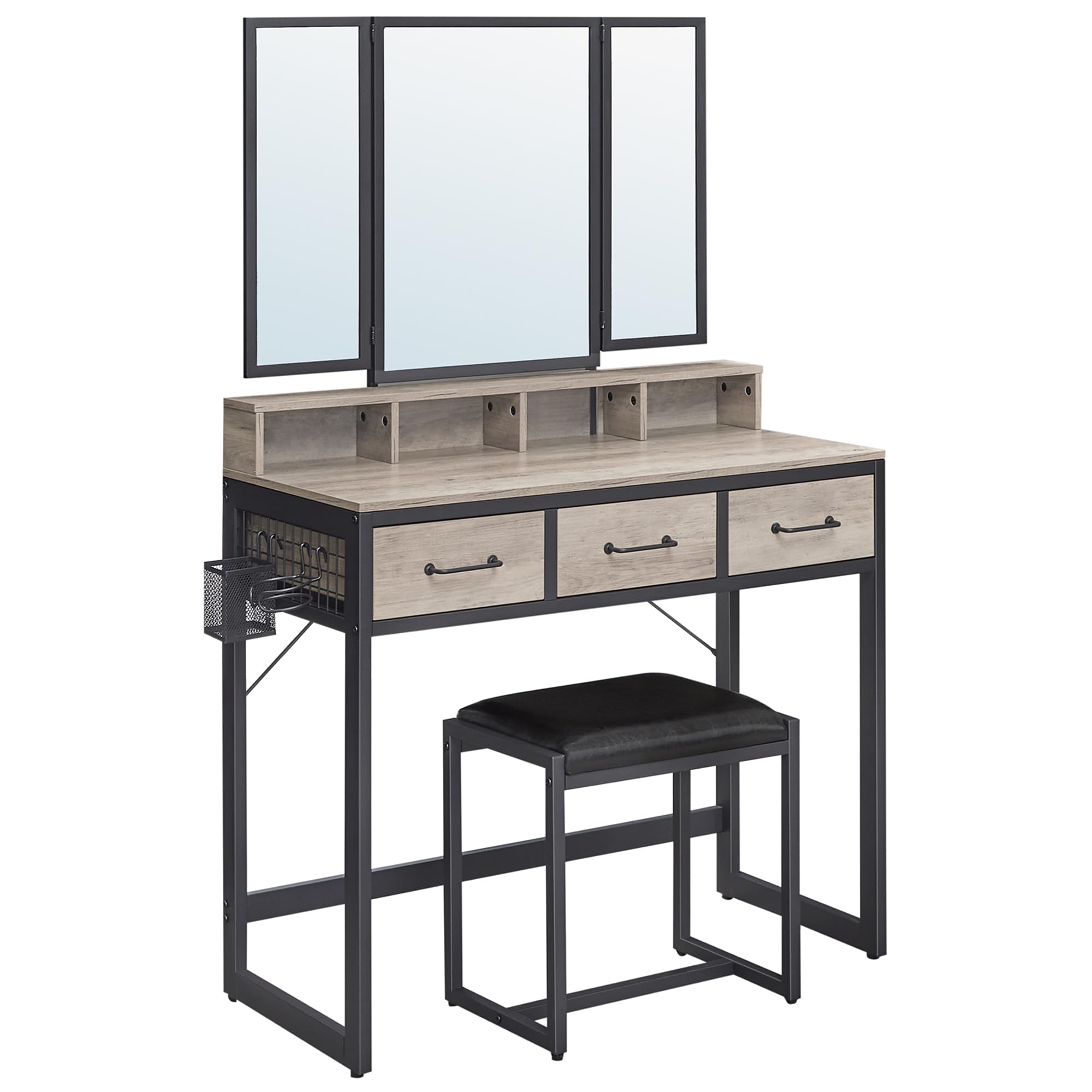 VASAGLE Industrial Design Dressing Table with 3-Piece Folding Mirror and Padded Stool | 3 Drawers | Greige/Black 2