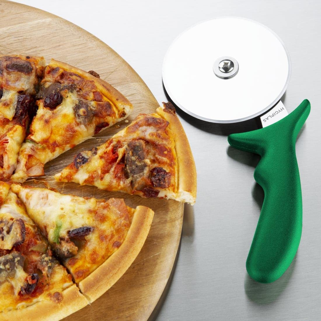 Hygiplas Pro-Grade Pizza Cutter - 102mm/4 inch Stainless Steel Wheel | Green Color-Coded Handle 4